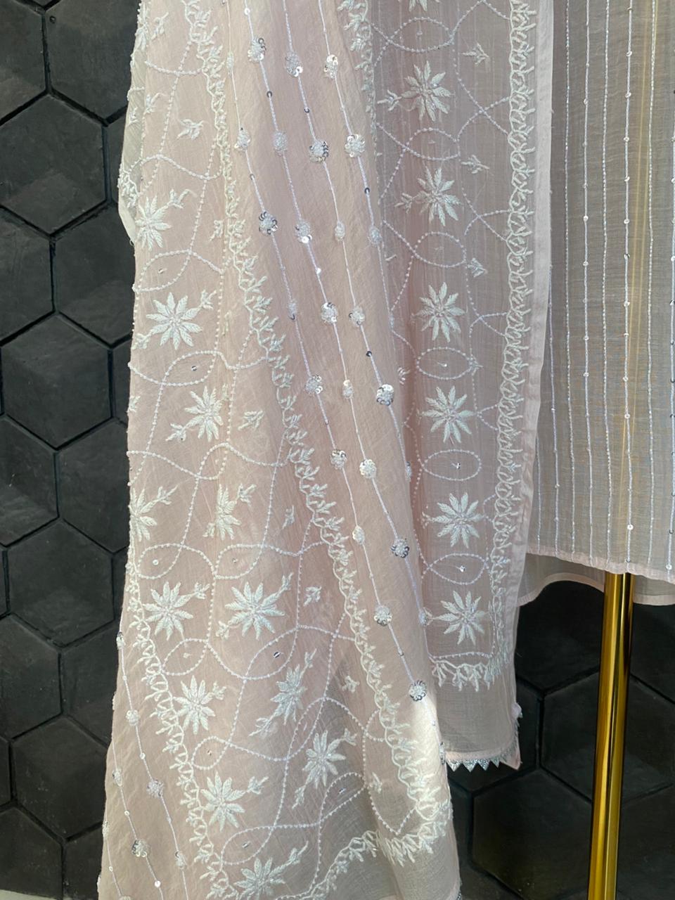 Pink Mul Chanderi Chikankari Kurta Set