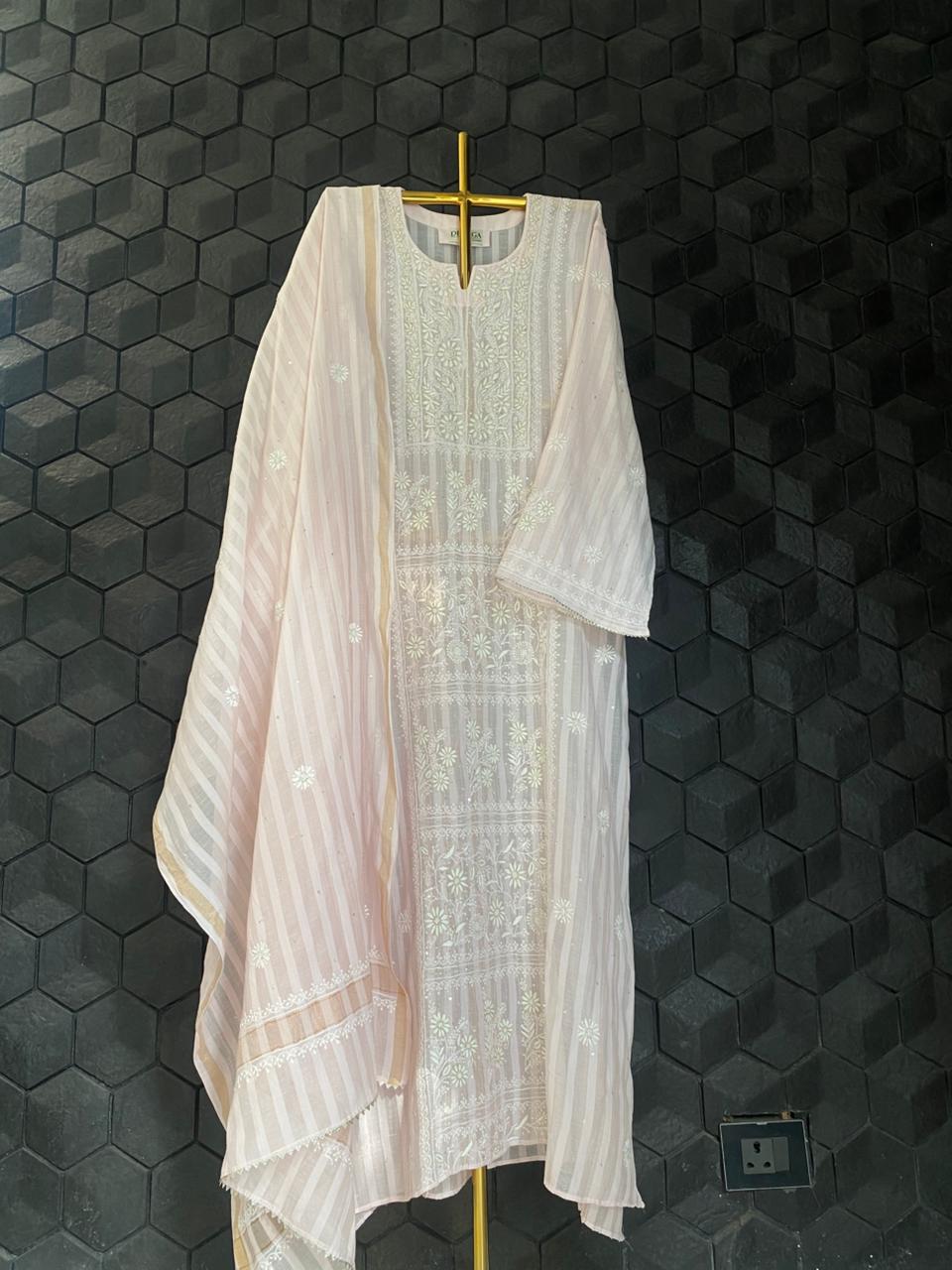 Pink Mul Chanderi Chikankari Anarkali Set