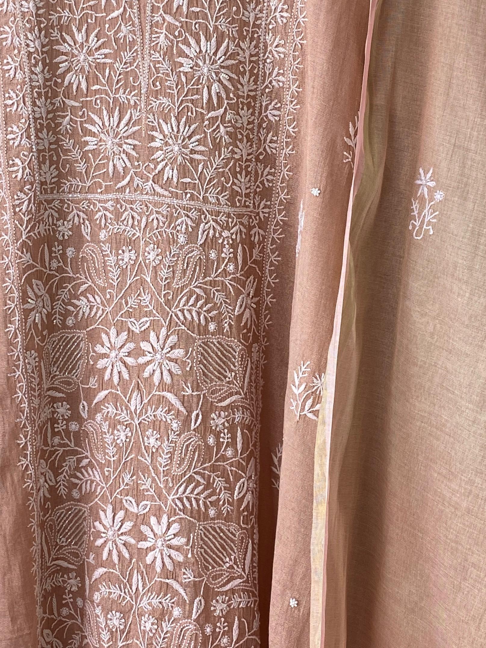 Peach Golden Tissue Chikankari Kurta Set