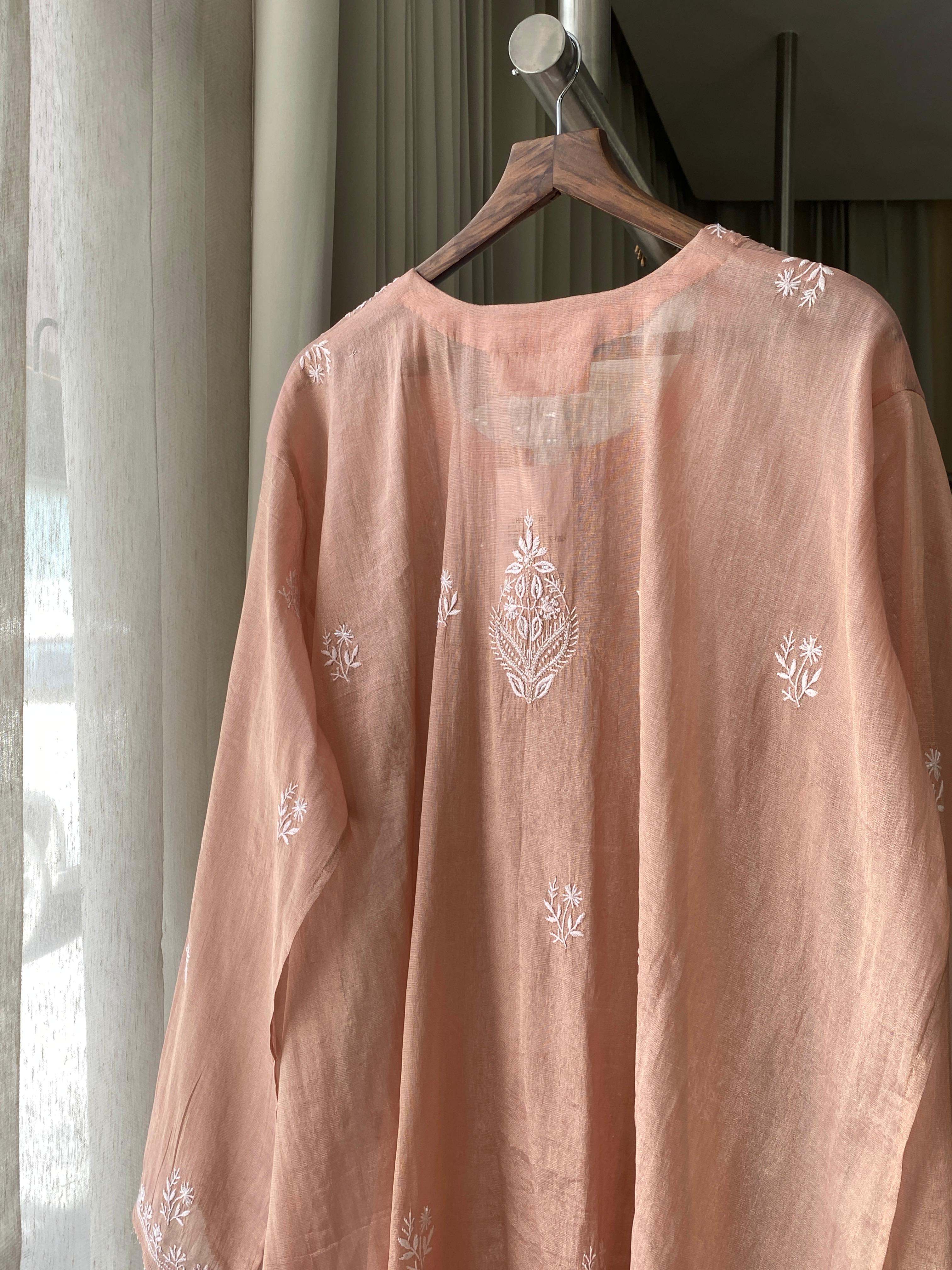 Peach Golden Tissue Chikankari Kurta Set