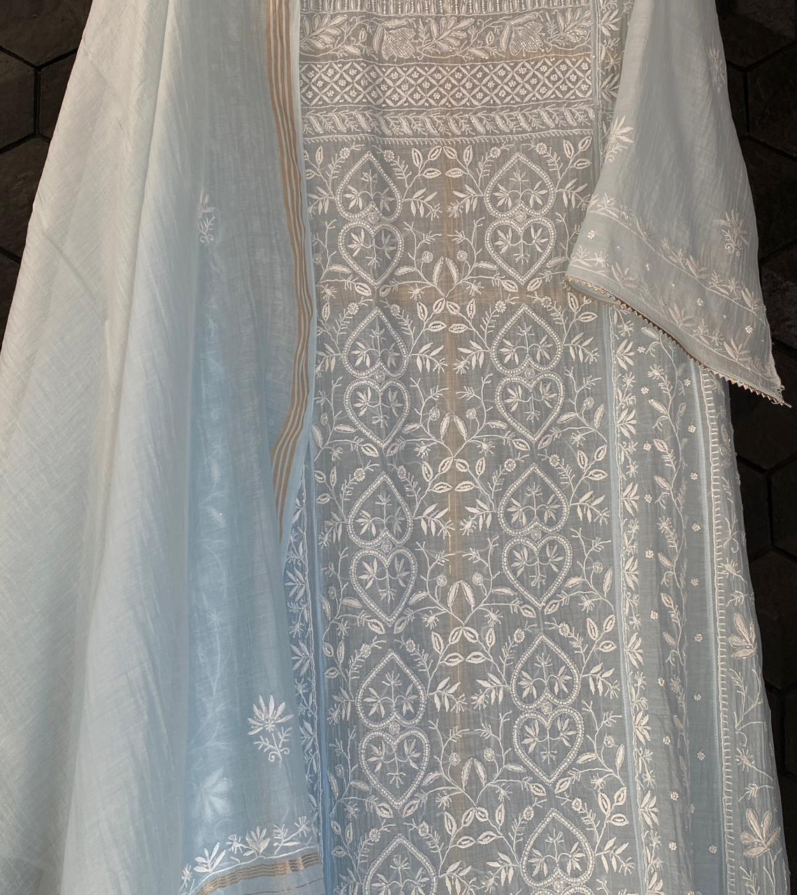 Sky Blue Mul Chanderi Chikankari Anarkali Set