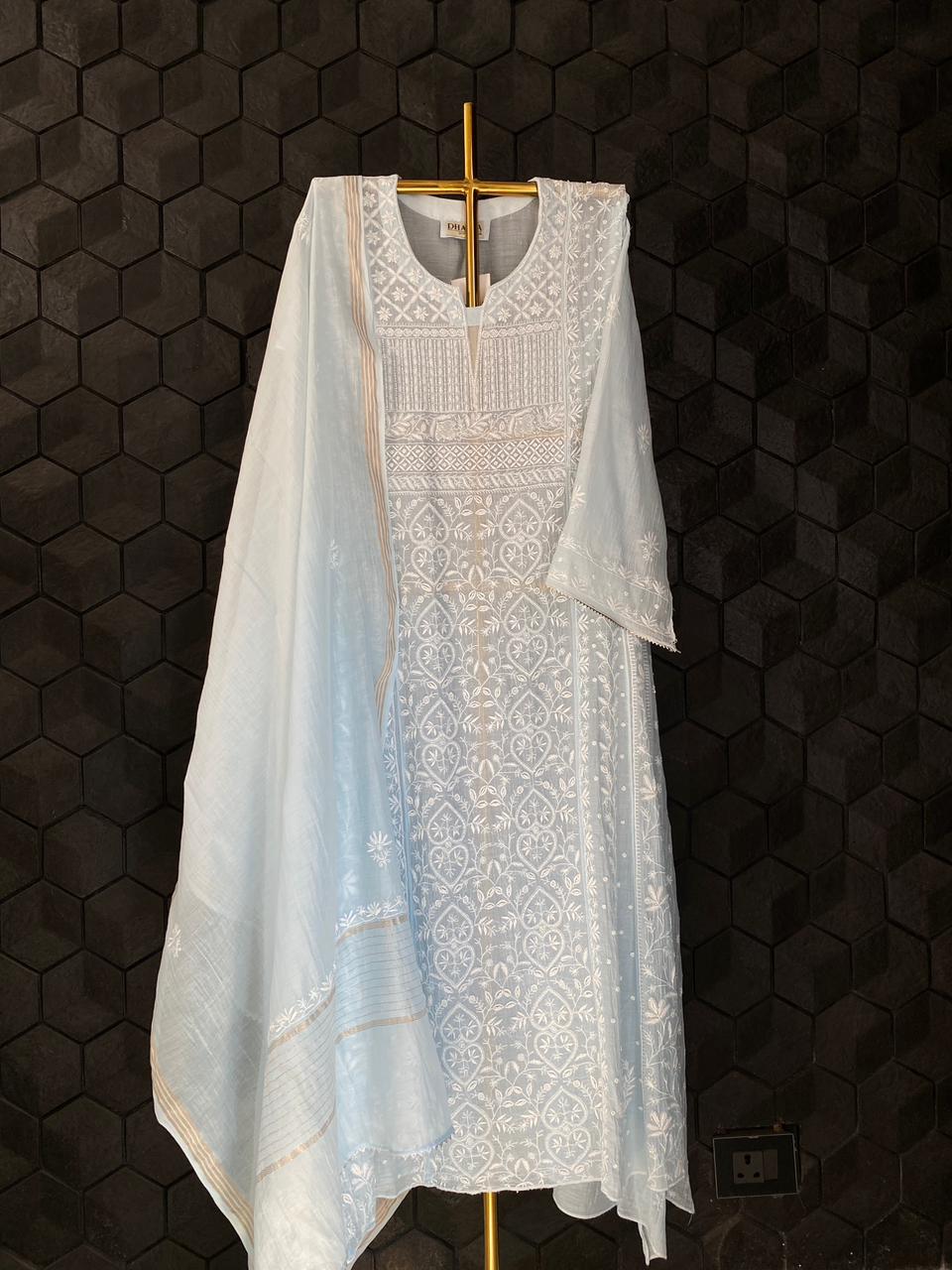 Sky Blue Mul Chanderi Chikankari Anarkali Set