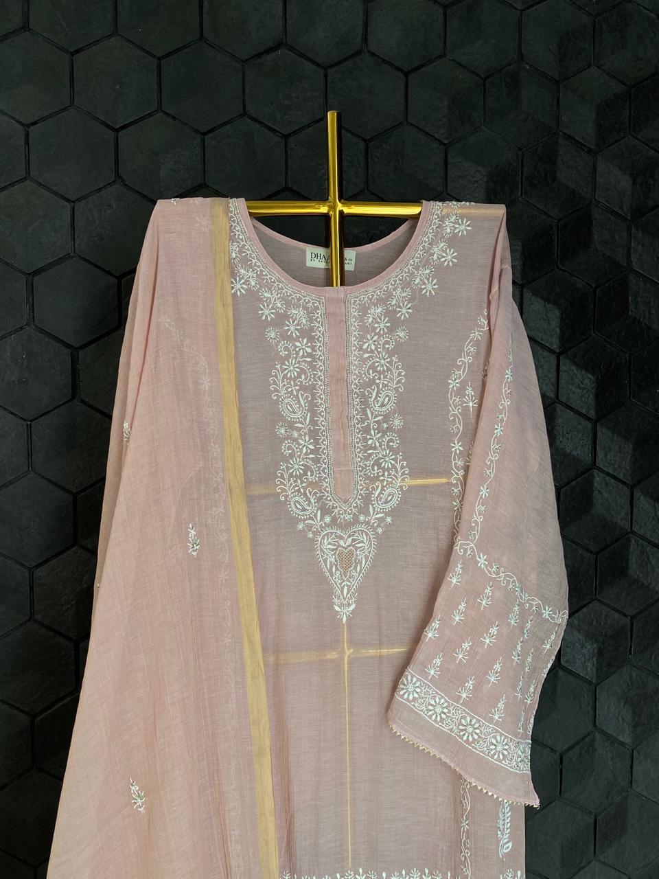Pink Golden Tissue Chikankari Kurta Set