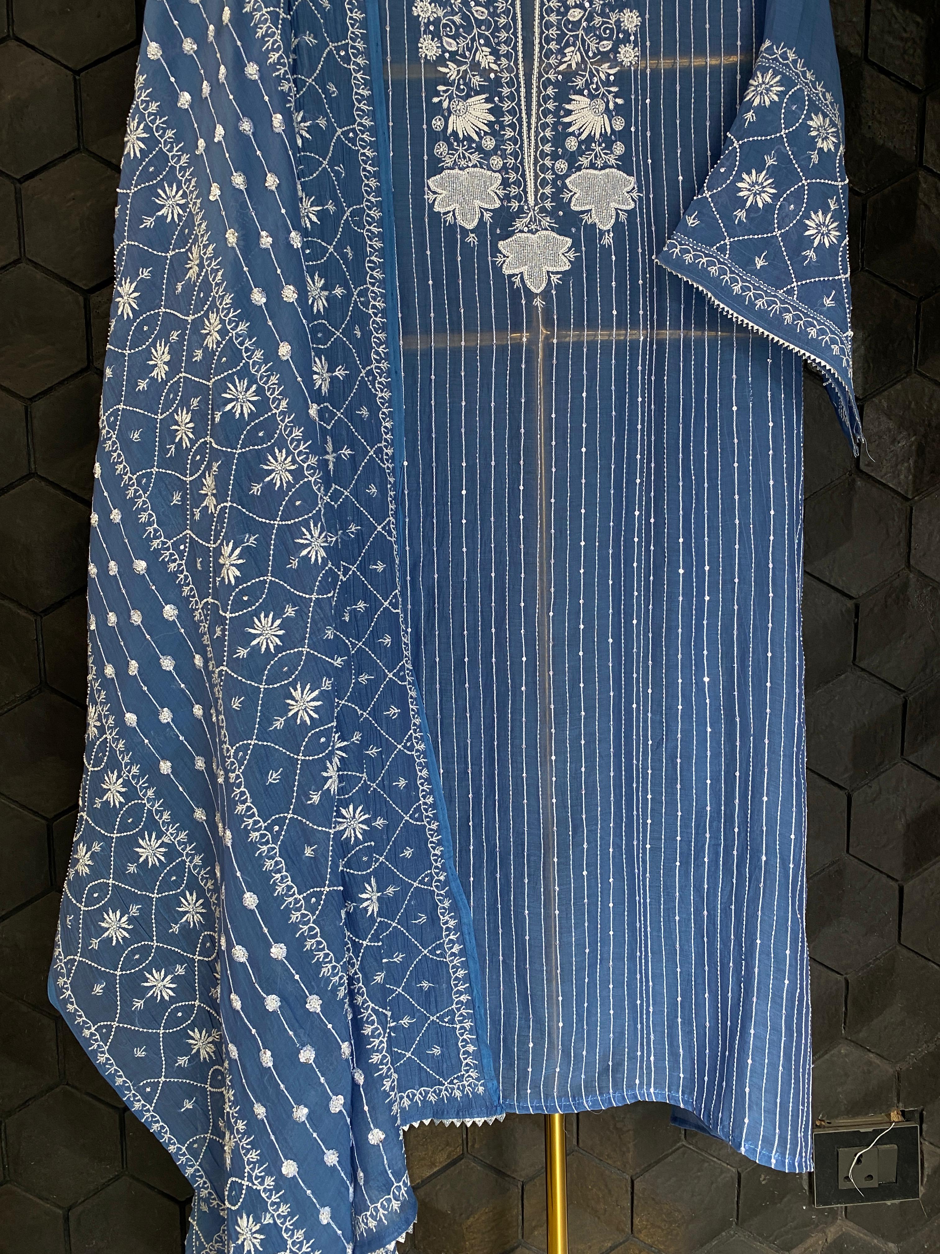 Cobalt Blue Mul Chanderi Chikankari Kurta Set