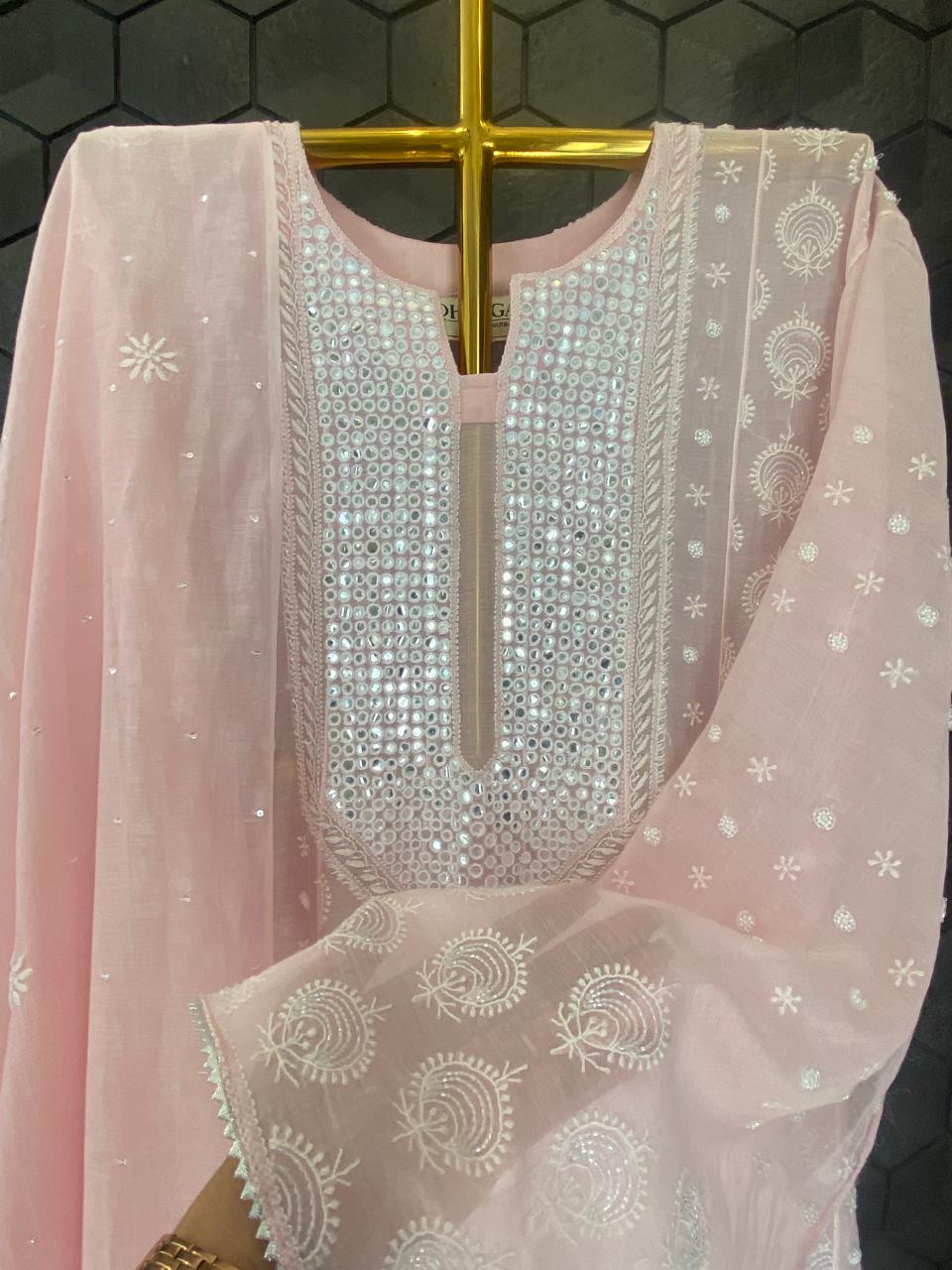 Pink Mul Chanderi Chikankari Anarkali Set