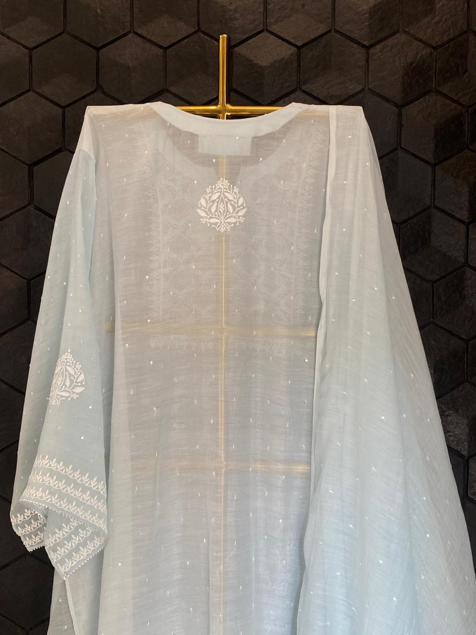 Powder Blue Mul Chanderi Chikankari Kurta Set