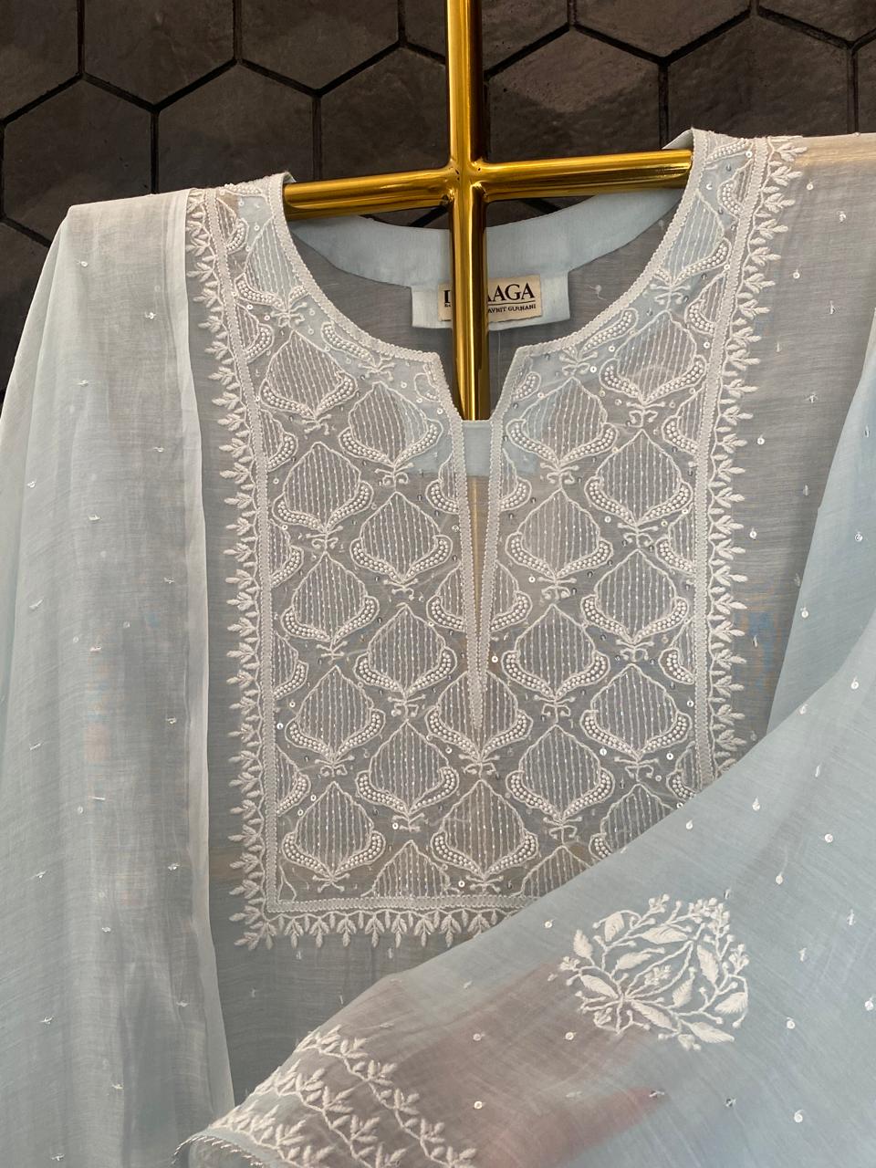 Powder Blue Mul Chanderi Chikankari Kurta Set