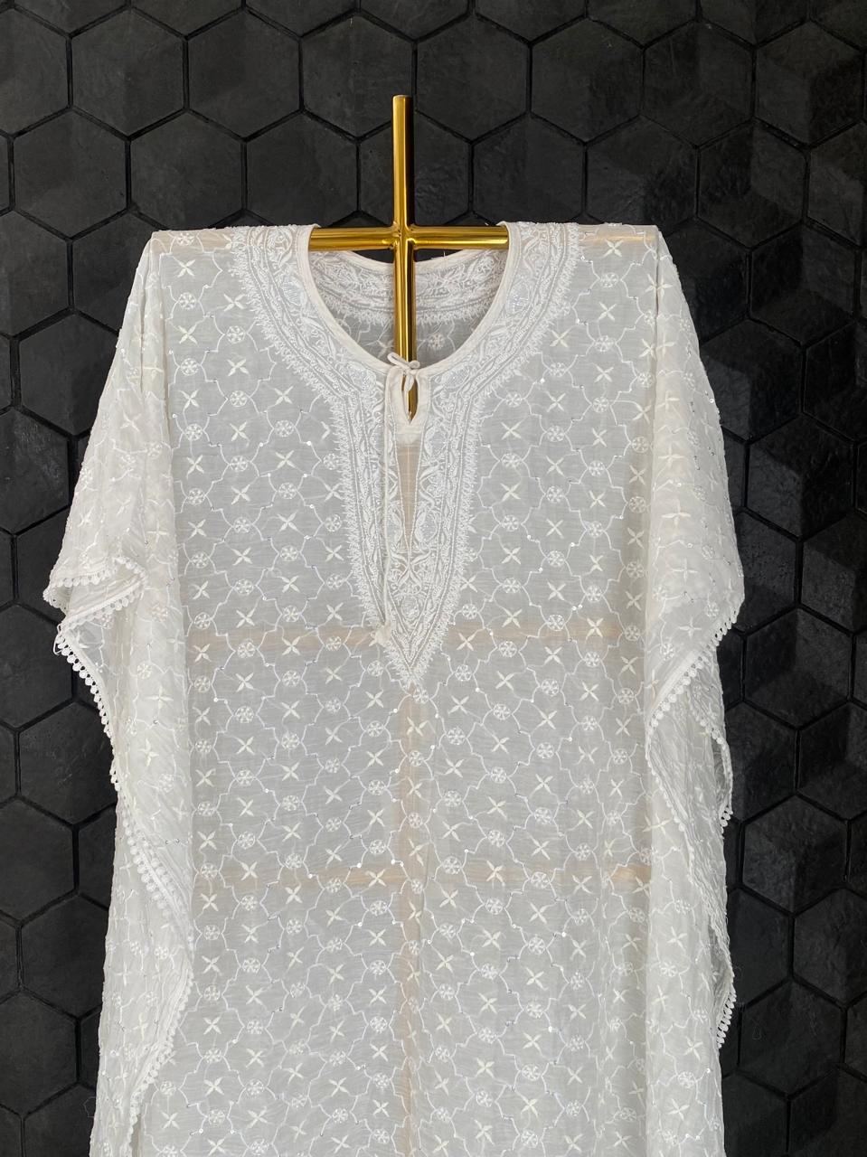 White Mul Chanderi Chikankari Kaftan