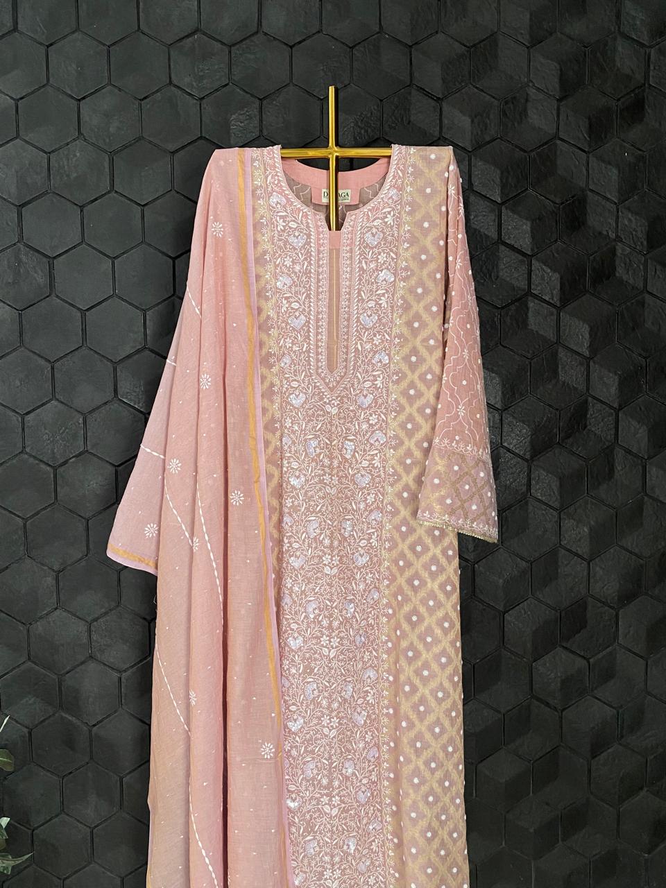 Pink Golden Tissue Chikankari Kurta Set