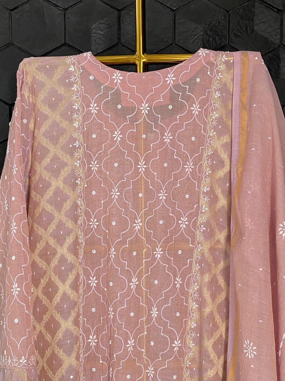 Pink Golden Tissue Chikankari Kurta Set