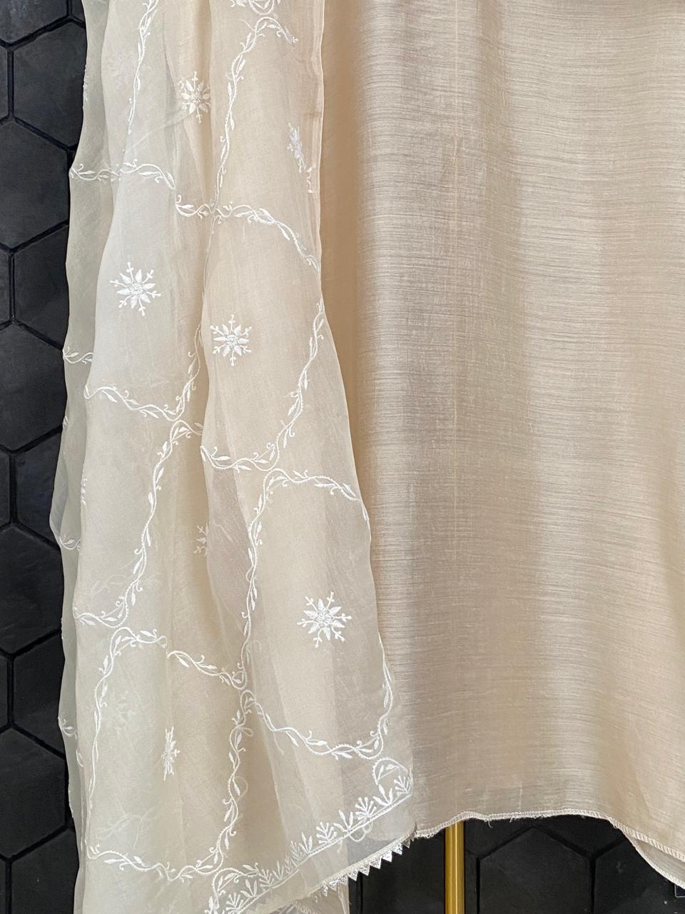 Beige Munga Silk Chikankari kurta Set