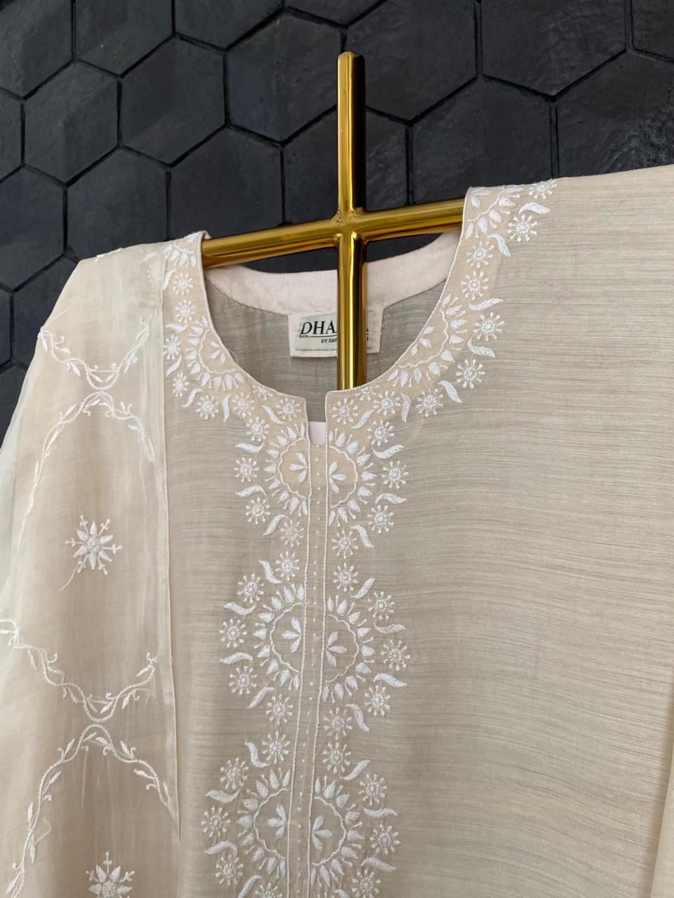Beige Munga Silk Chikankari kurta Set