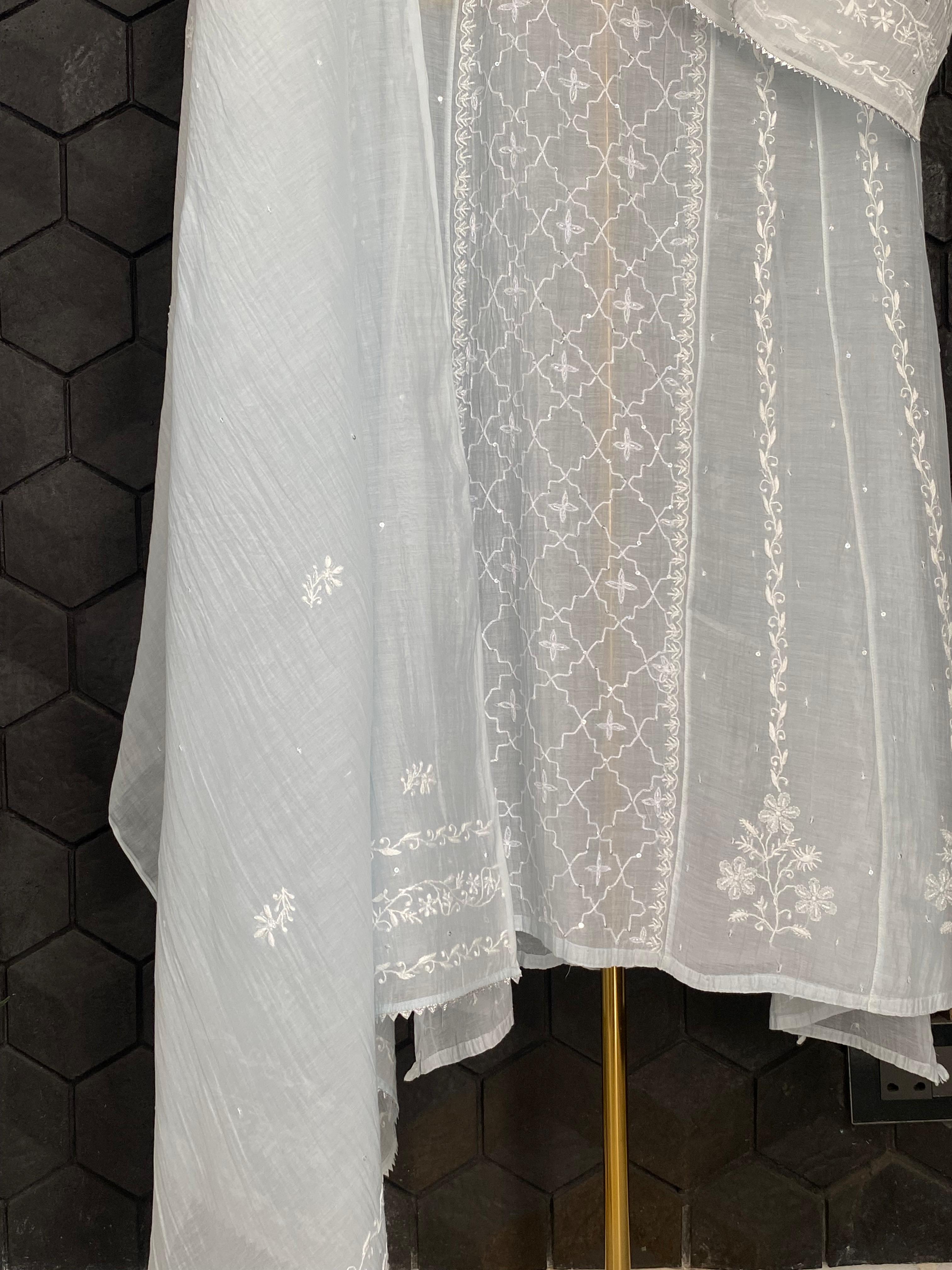 Sky Blue Mul Chanderi Chikankari Anarkali Set