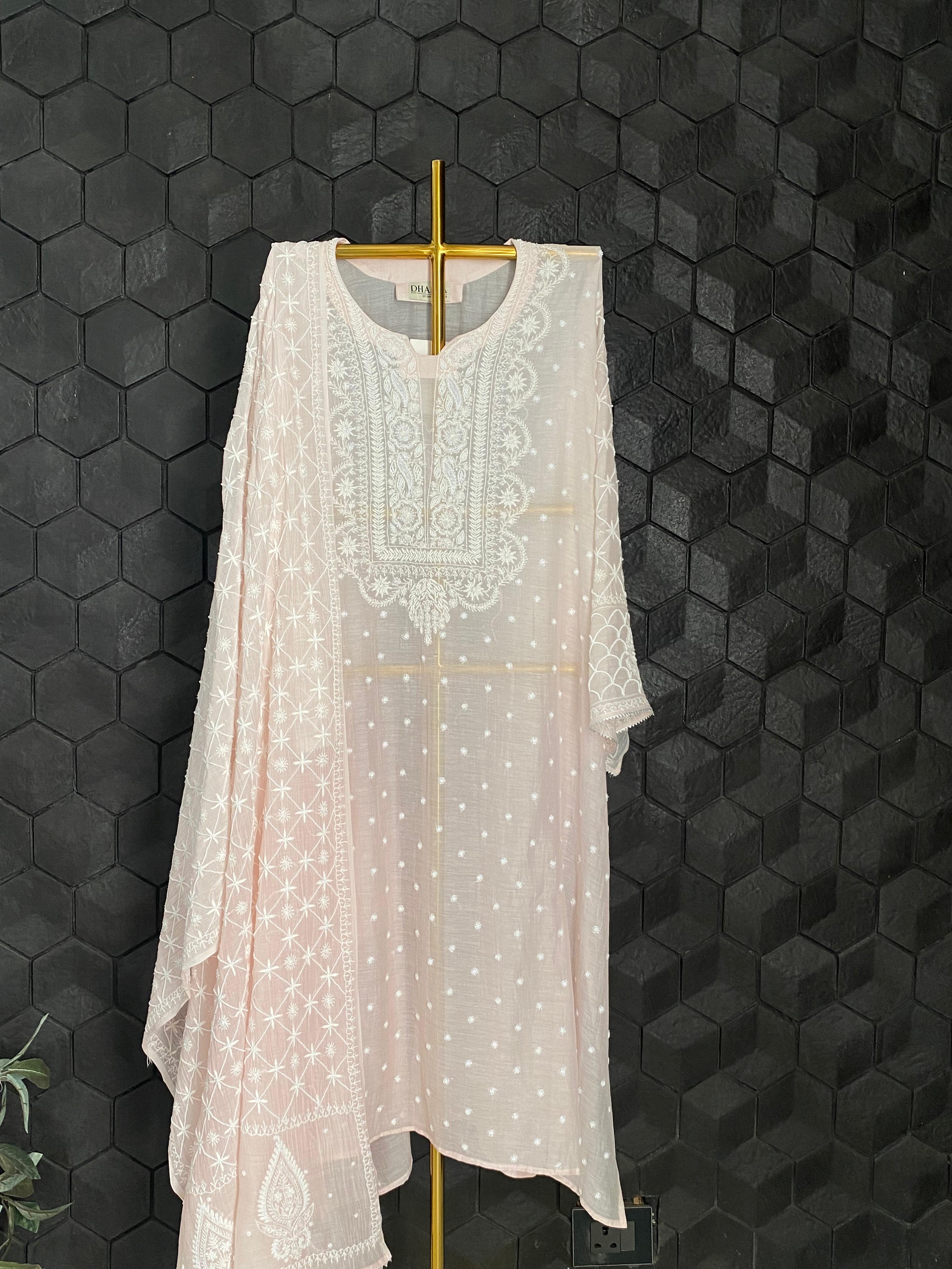 Pink Mul Chanderi Chikankari Kurta Set