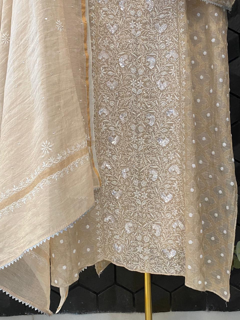 Beige Golden Tissue Chikankari Kurta Set
