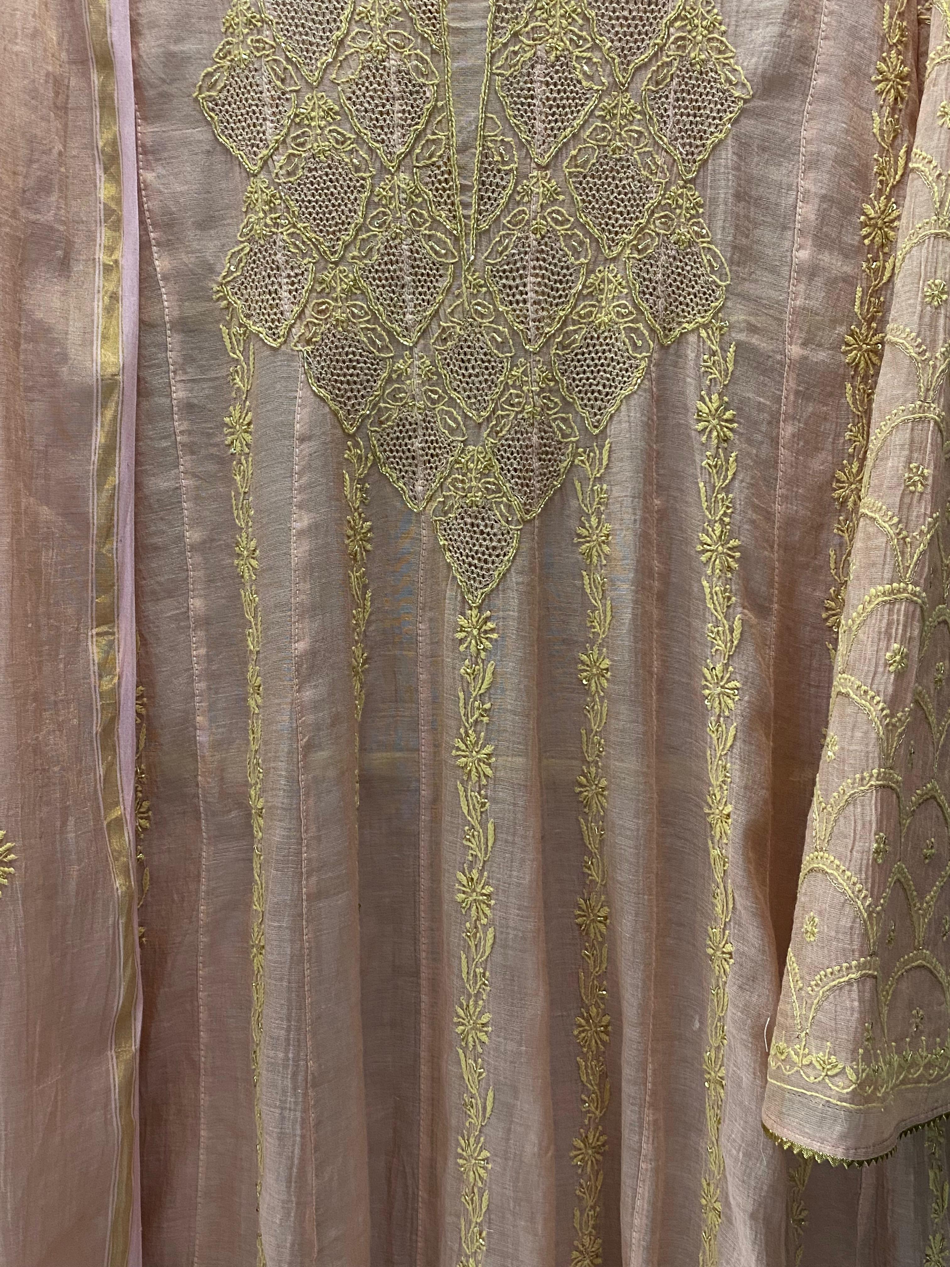 Pink Tissue Chikankari Anarkali Set