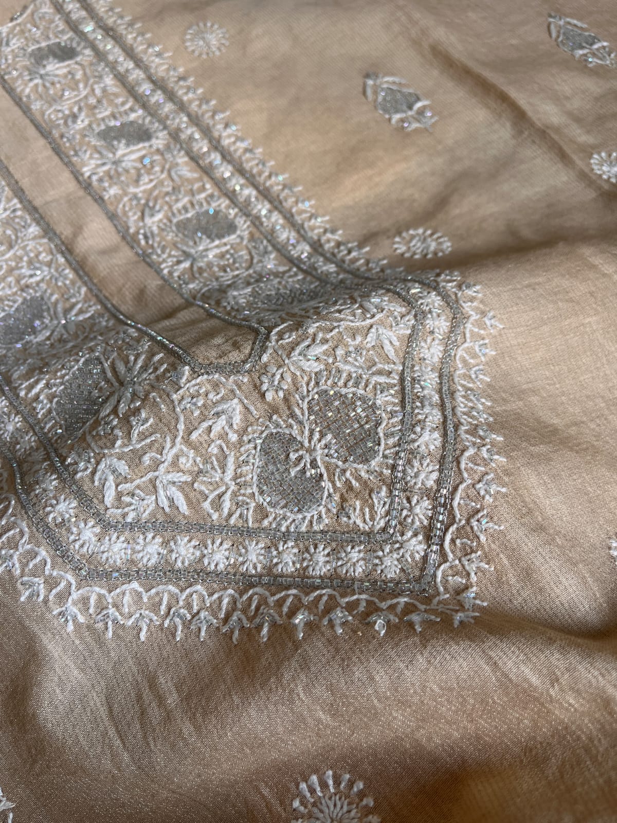 Peach Silver Tissue Chikankari Mens Kurta
