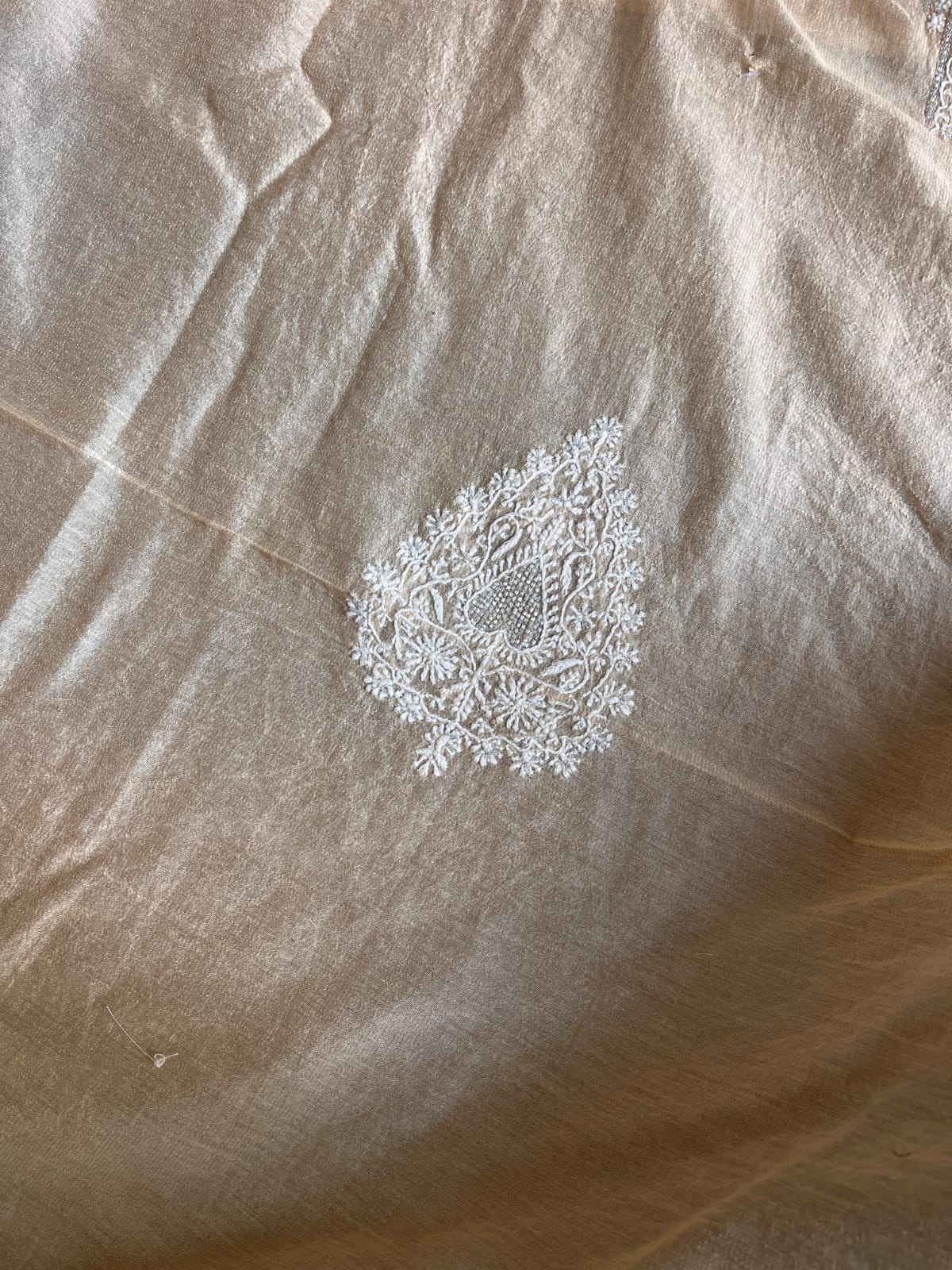 Peach Silver Tissue Chikankari Mens Kurta