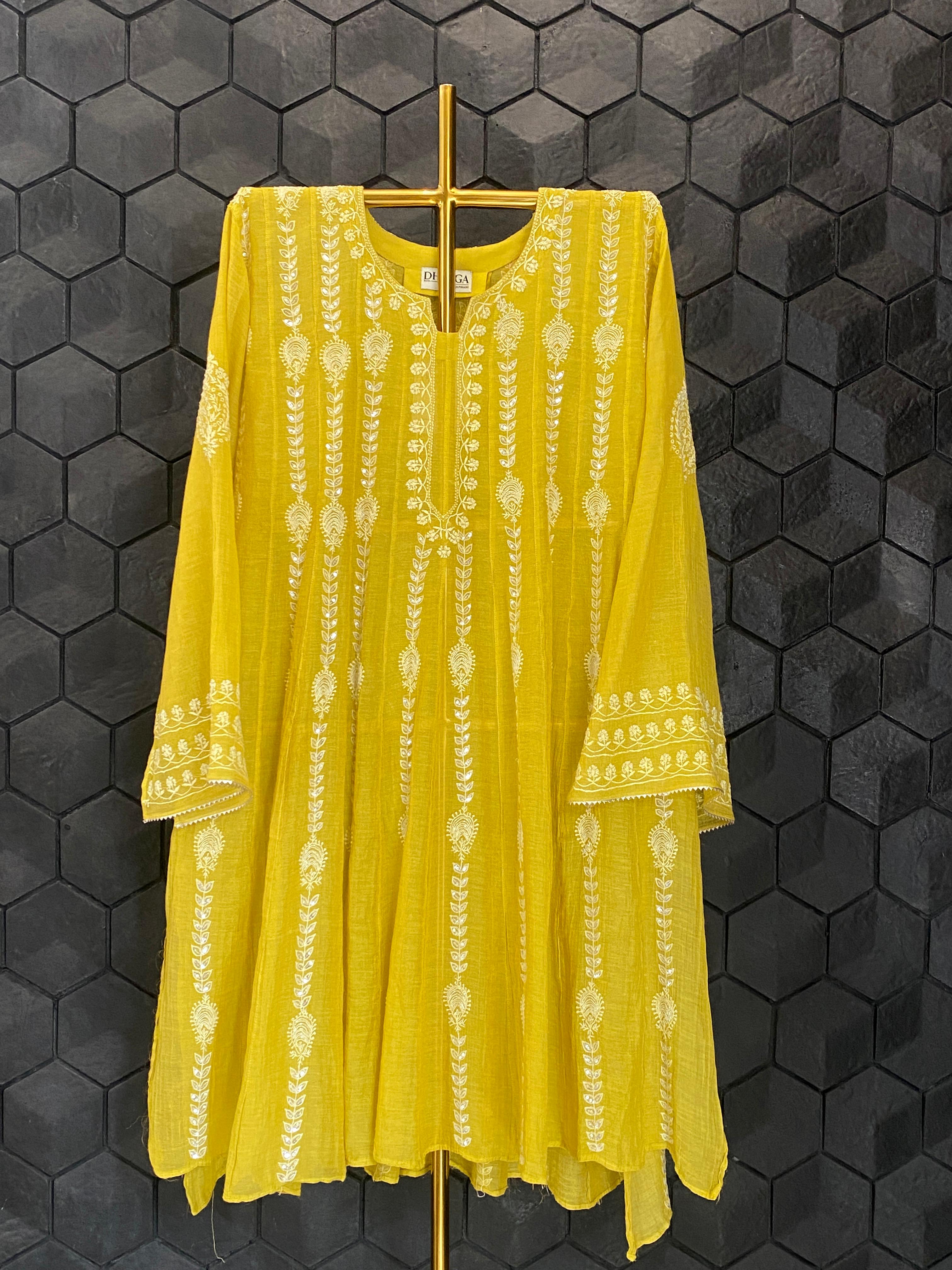Lime Green Tissue Chikankari Kalidar Co-ord Set