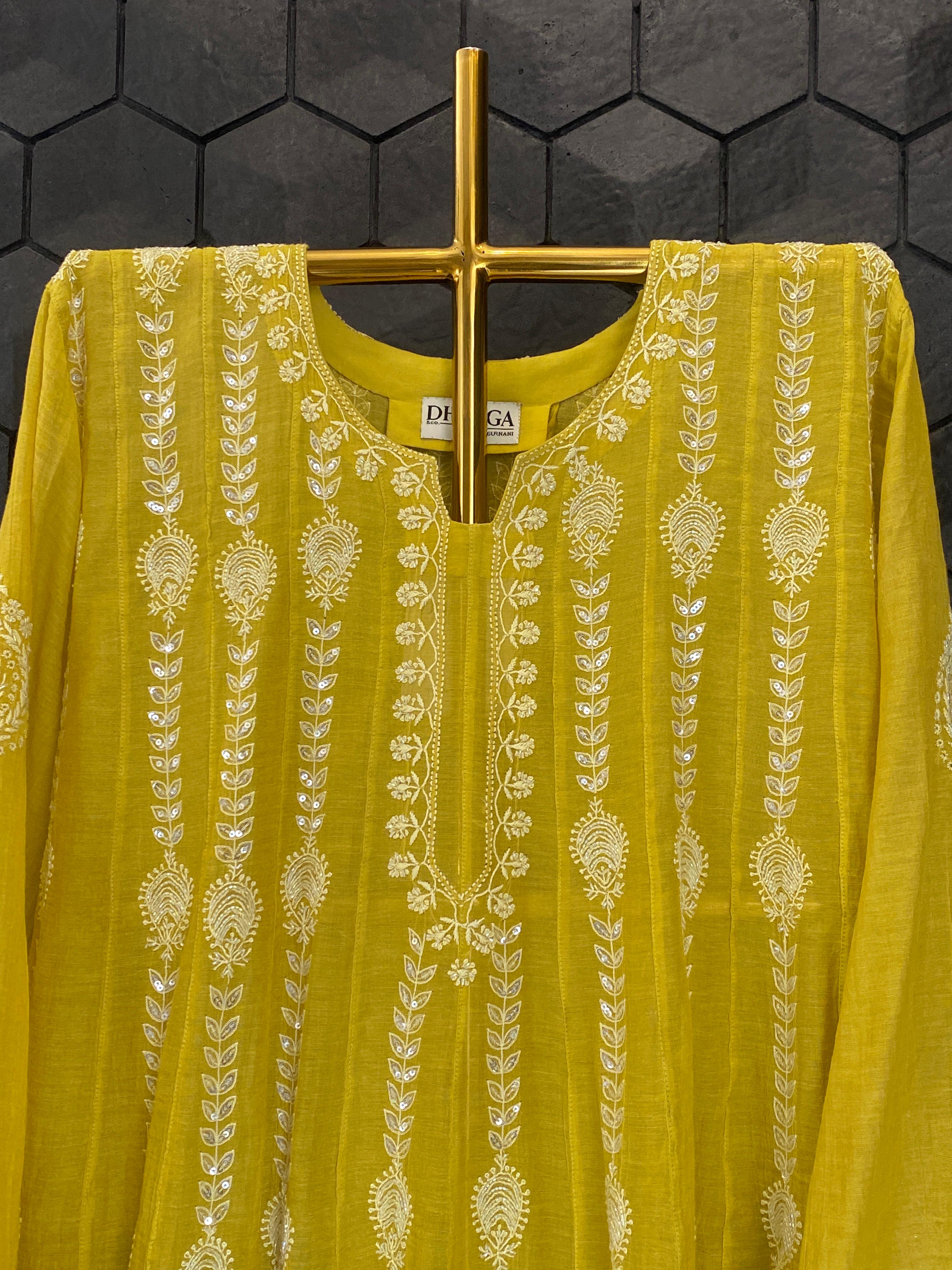 Lime Green Tissue Chikankari Kalidar Co-ord Set
