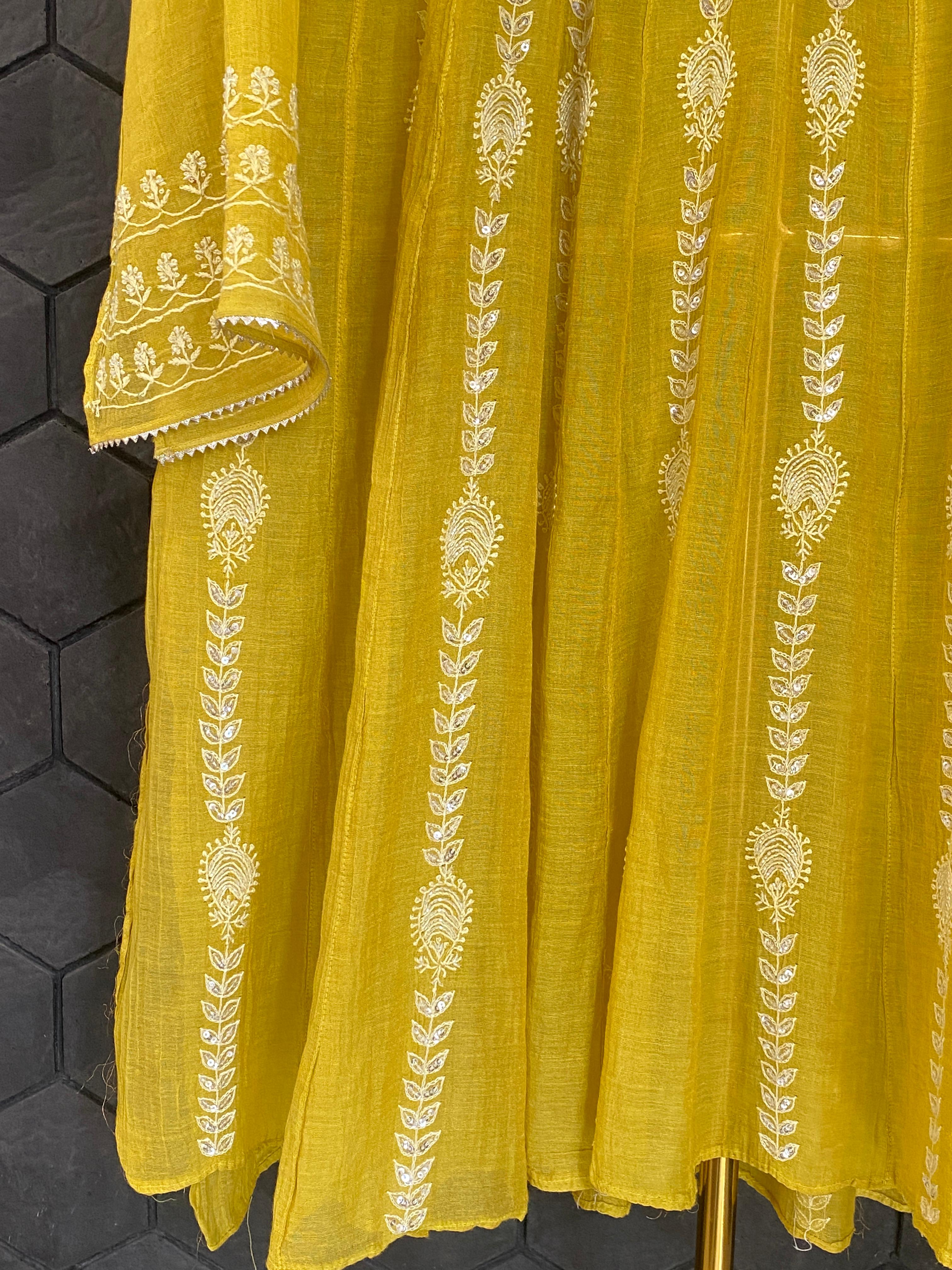 Lime Green Tissue Chikankari Kalidar Co-ord Set
