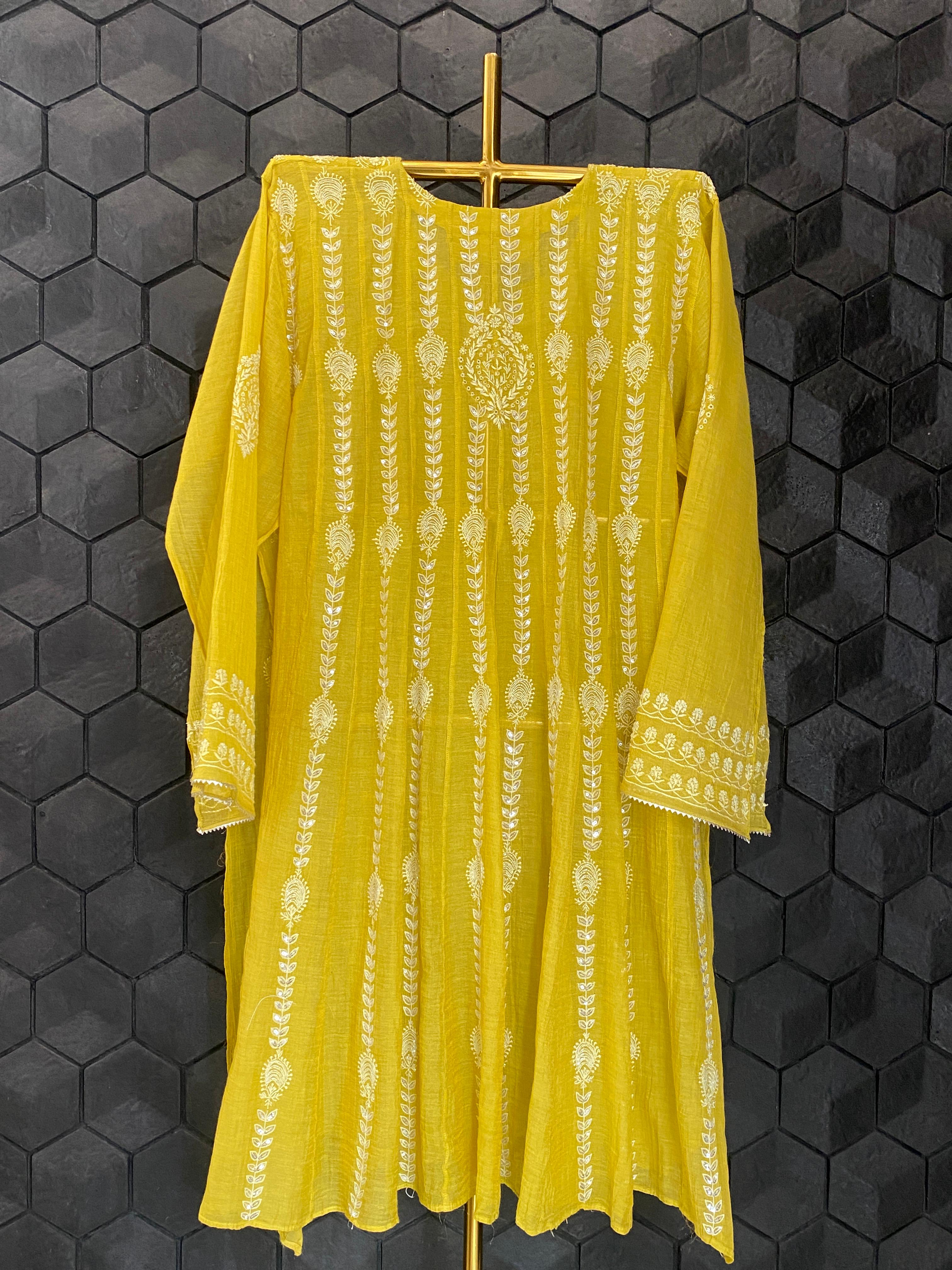 Lime Green Tissue Chikankari Kalidar Co-ord Set