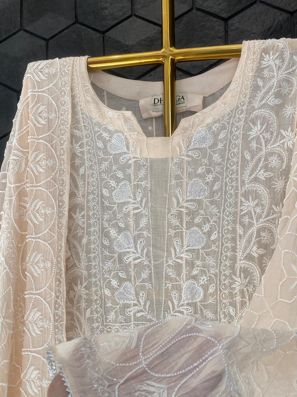 Peach Mul Chanderi Chikankari Anarkali Set