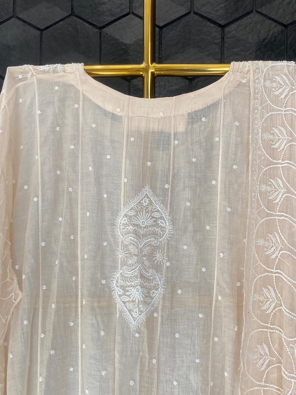 Peach Mul Chanderi Chikankari Anarkali Set