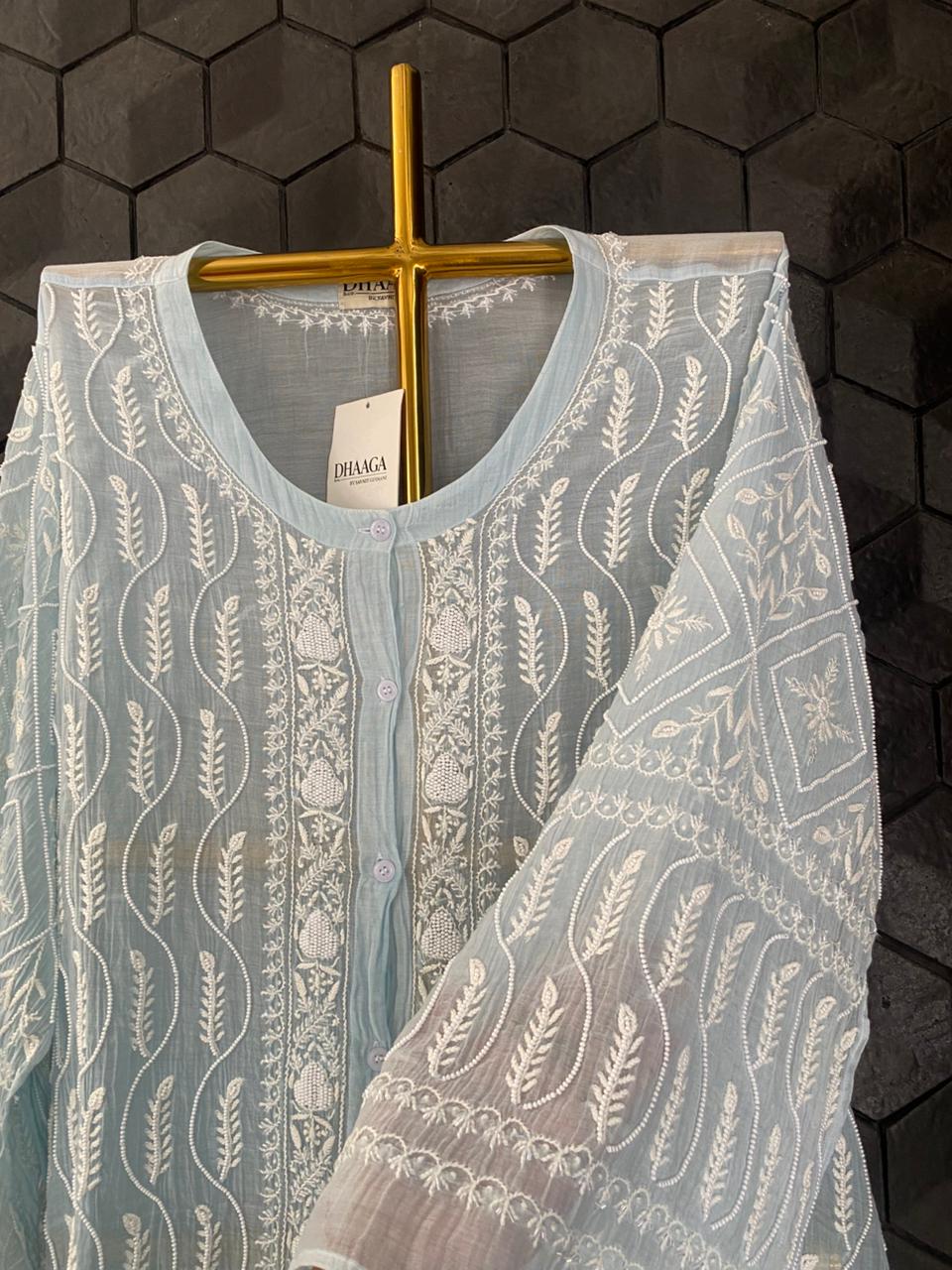 Sky Blue Mul Chanderi Chikankari Co-ord Set