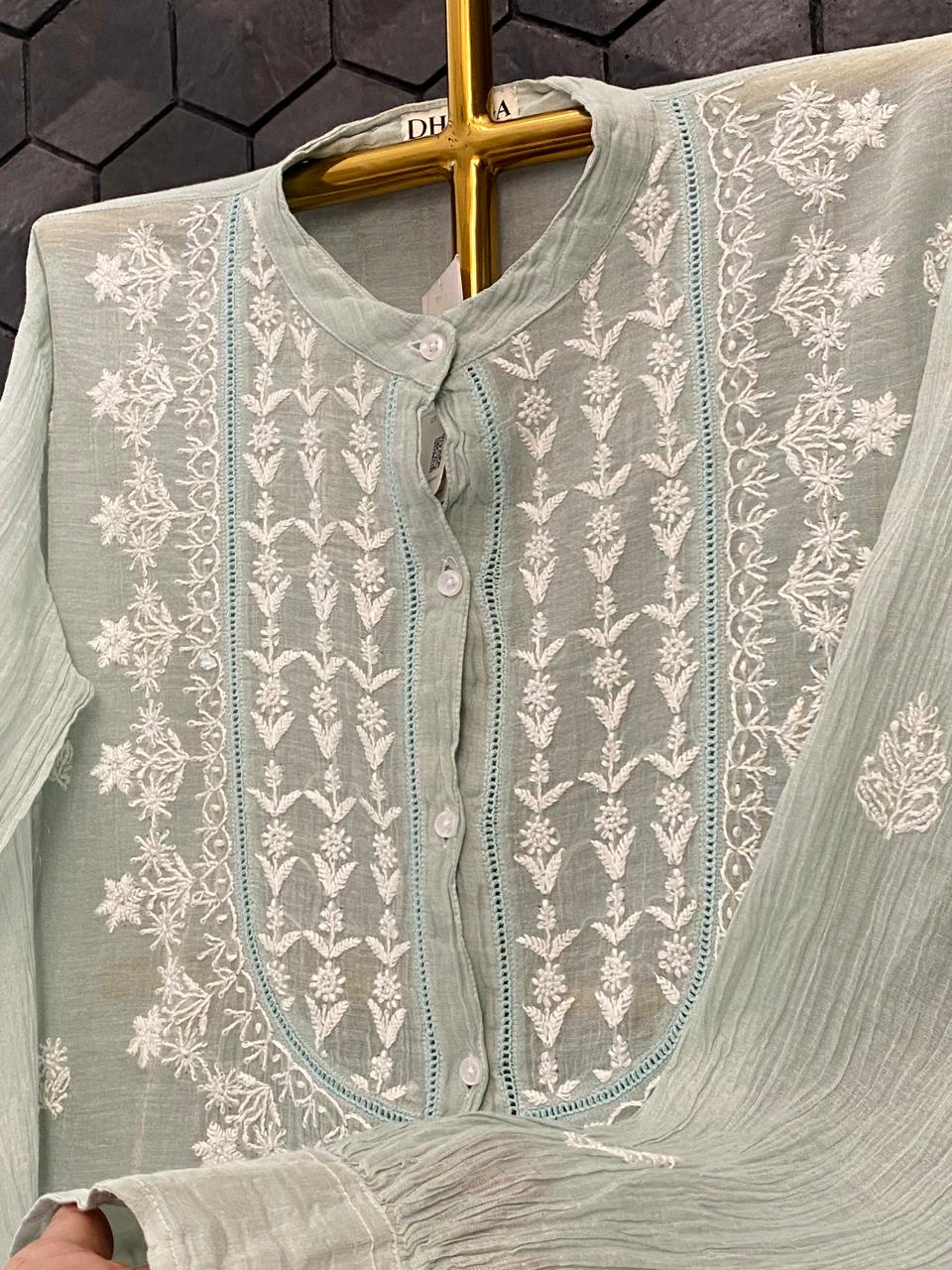 Sea Green Silver Tissue Chikankari Co-ord Set