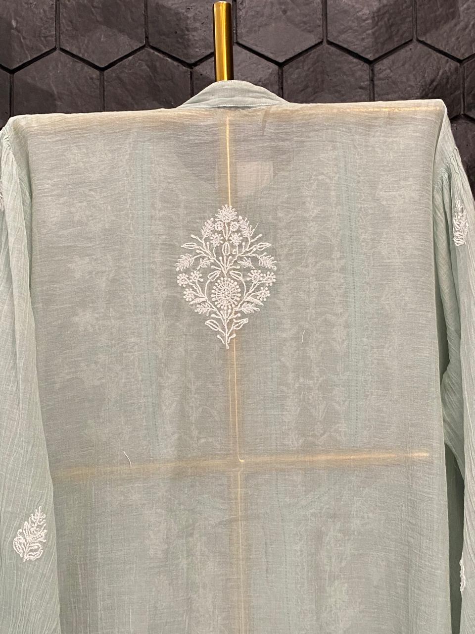 Sea Green Silver Tissue Chikankari Co-ord Set