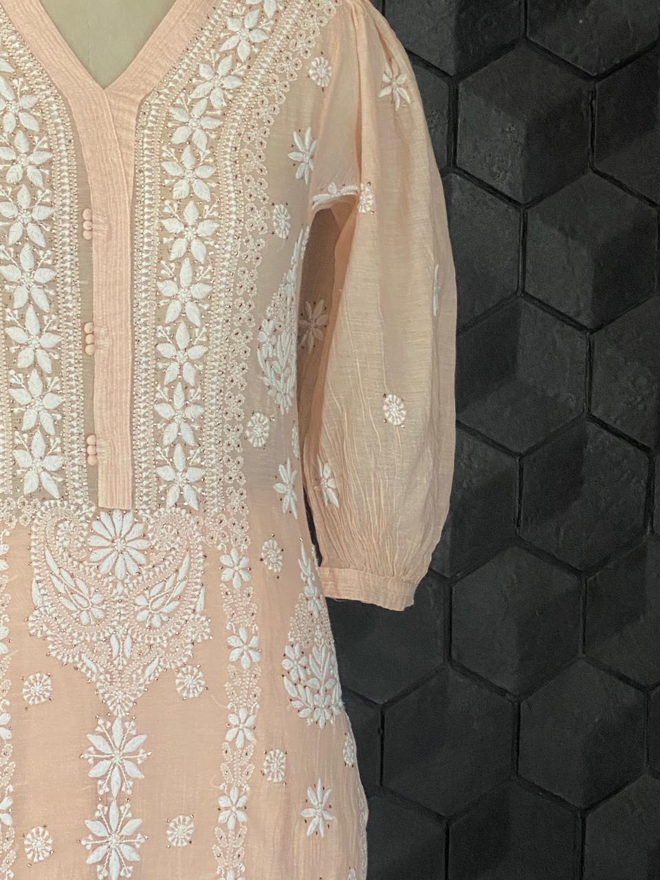 Peach Mul Chanderi Chikankari Co-ord set