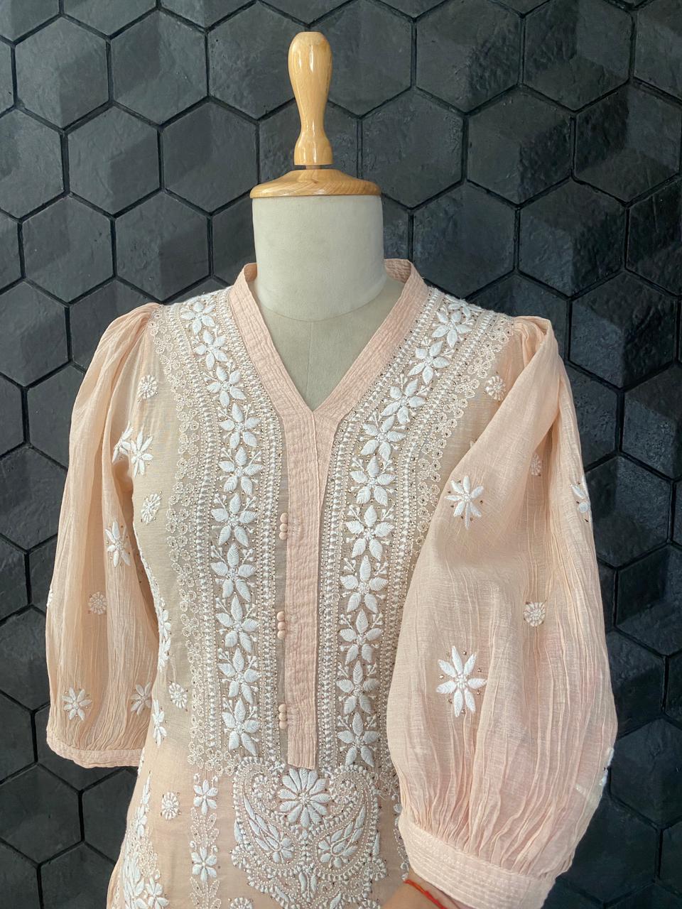 Peach Mul Chanderi Chikankari Co-ord set