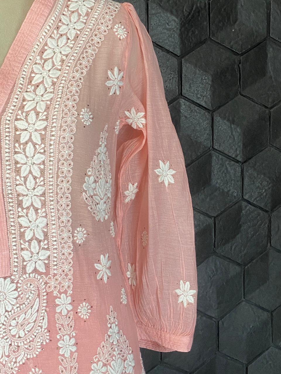 Pink Mul Chanderi Chikankari Co-ord set