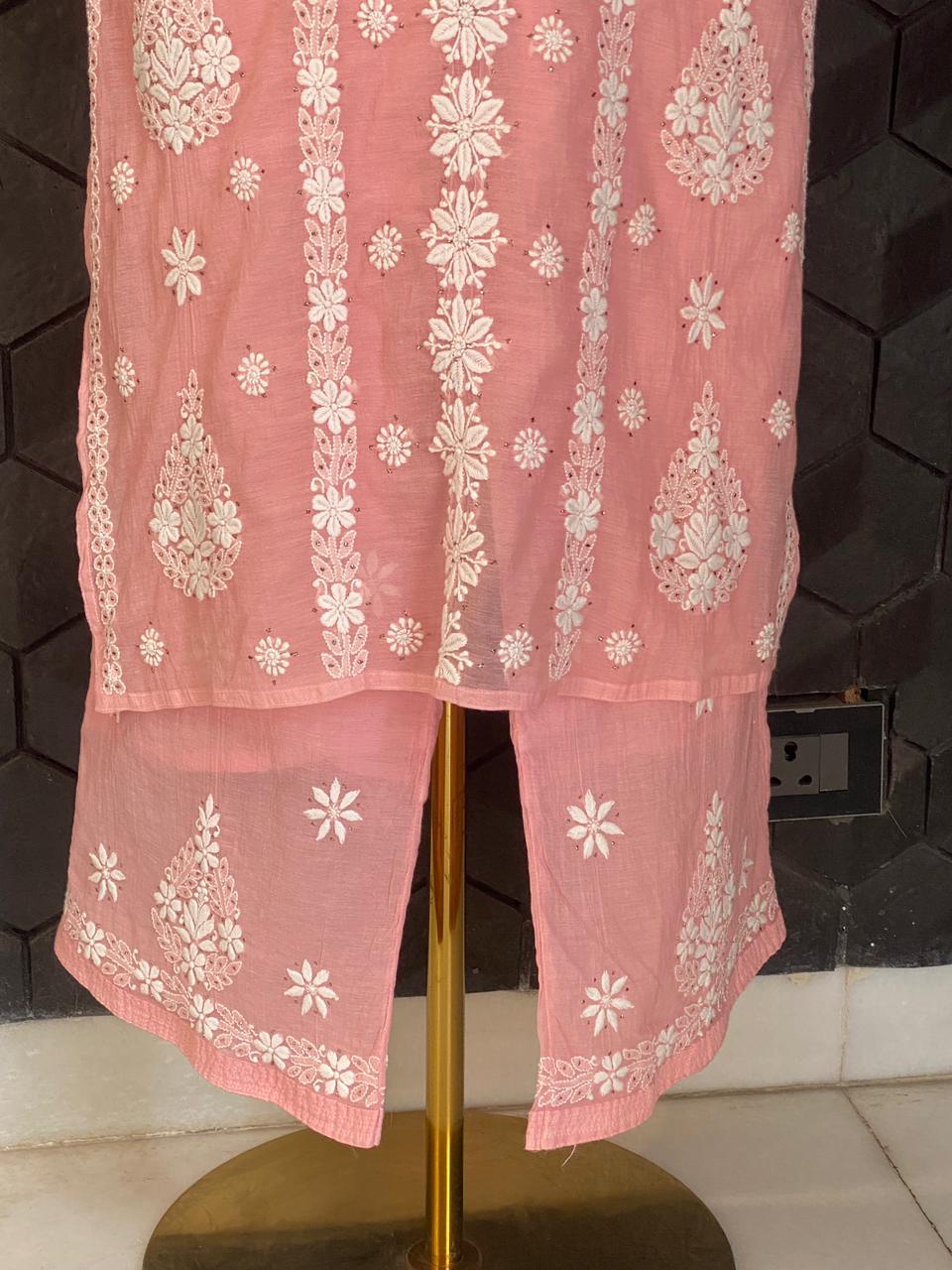 Pink Mul Chanderi Chikankari Co-ord set