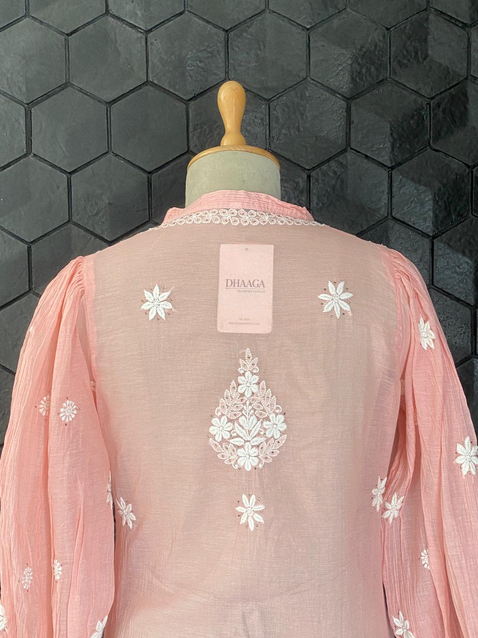 Pink Mul Chanderi Chikankari Co-ord set