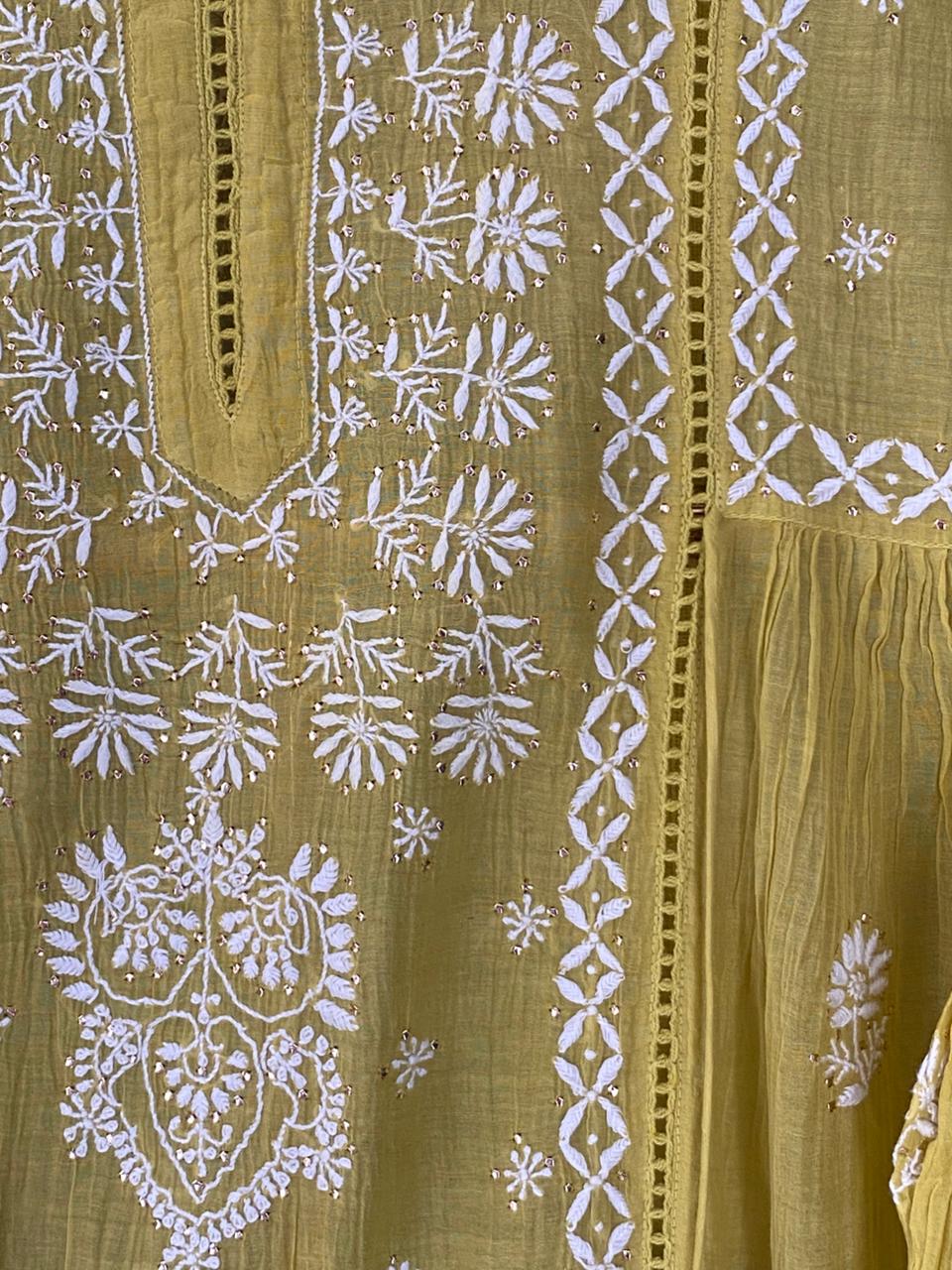 Lime Green Mul Chanderi Chikankari Dress