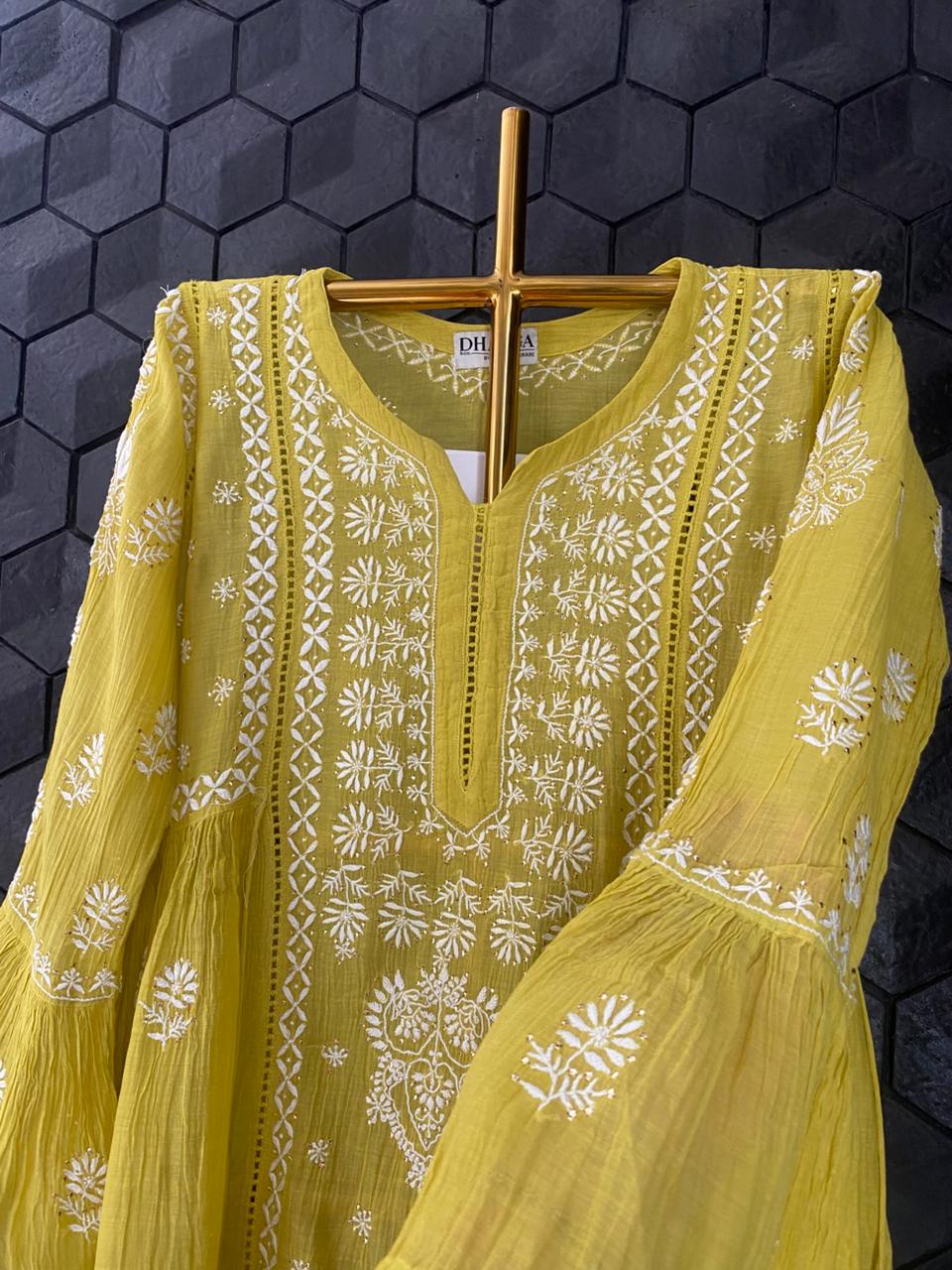 Lime Green Mul Chanderi Chikankari Dress