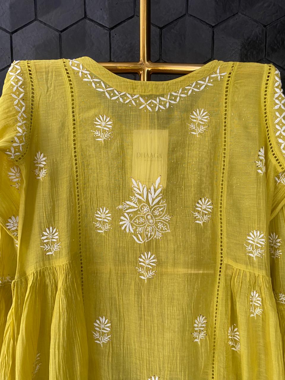 Lime Green Mul Chanderi Chikankari Dress