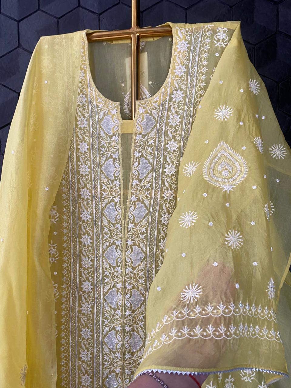 Yellow organza Chikankari Center Panel Kurta Set