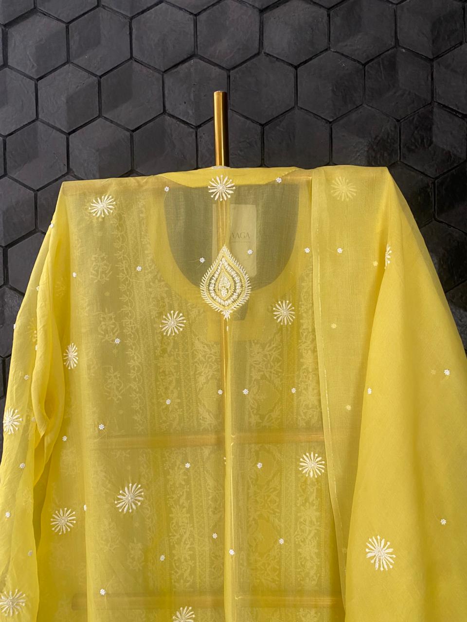 Yellow organza Chikankari Center Panel Kurta Set