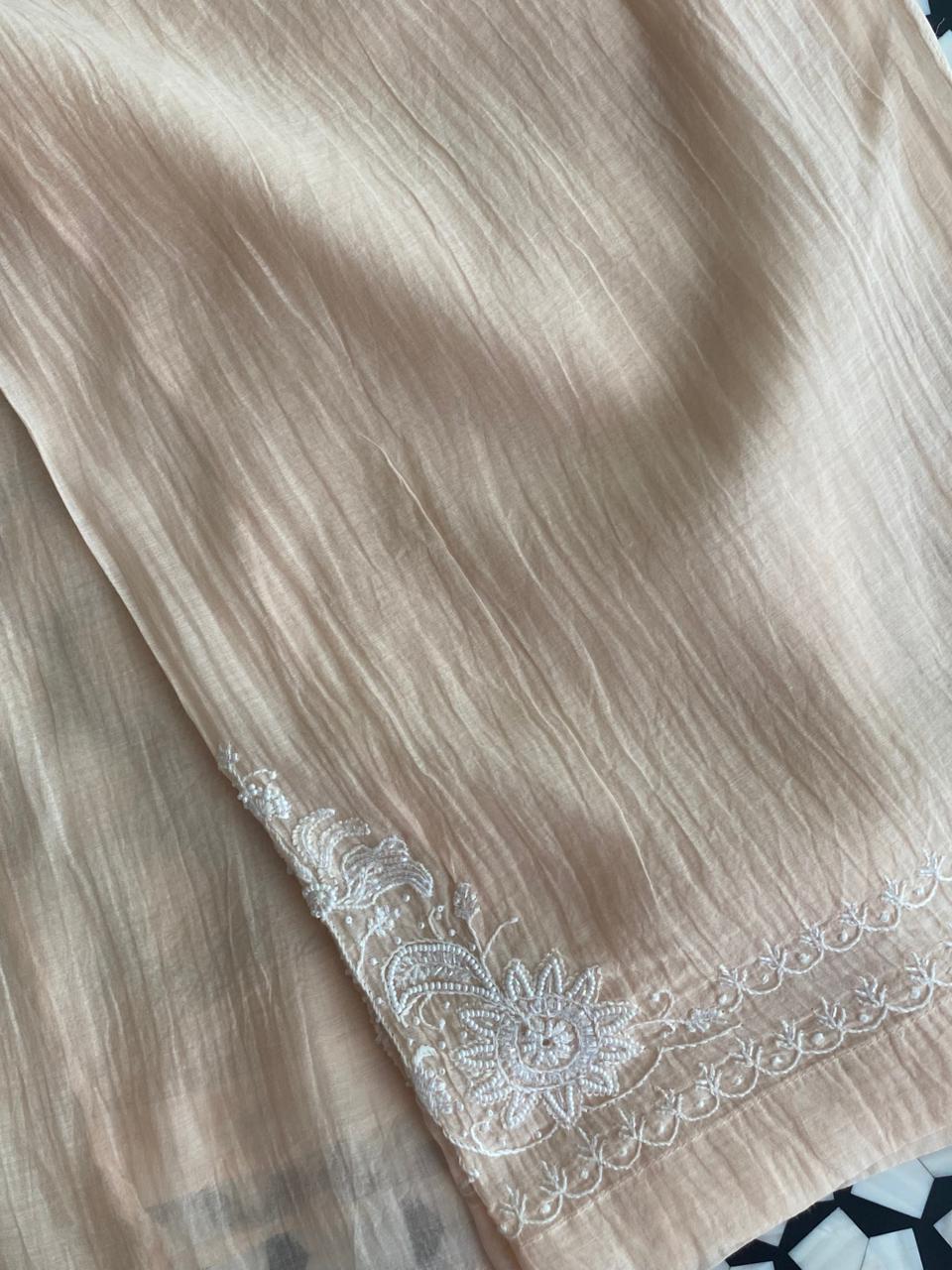 Peach Mul Chanderi Chikankari Co-ord set