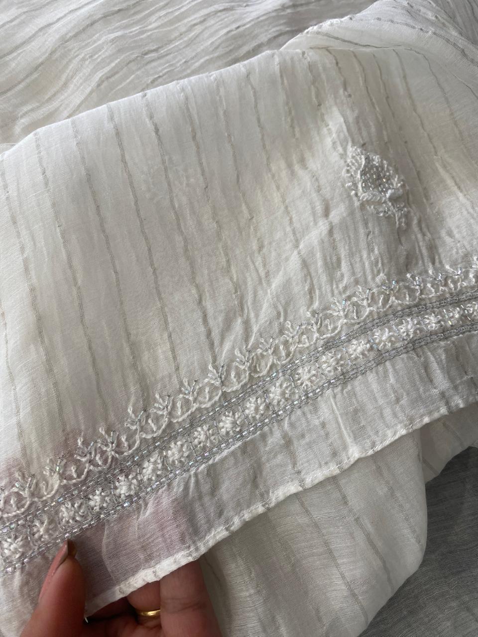 White Mul Chanderi Chikankari Mens kurta