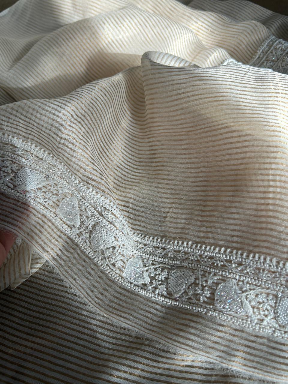 Beige Striped Tissue Chikankari Mens Kurta