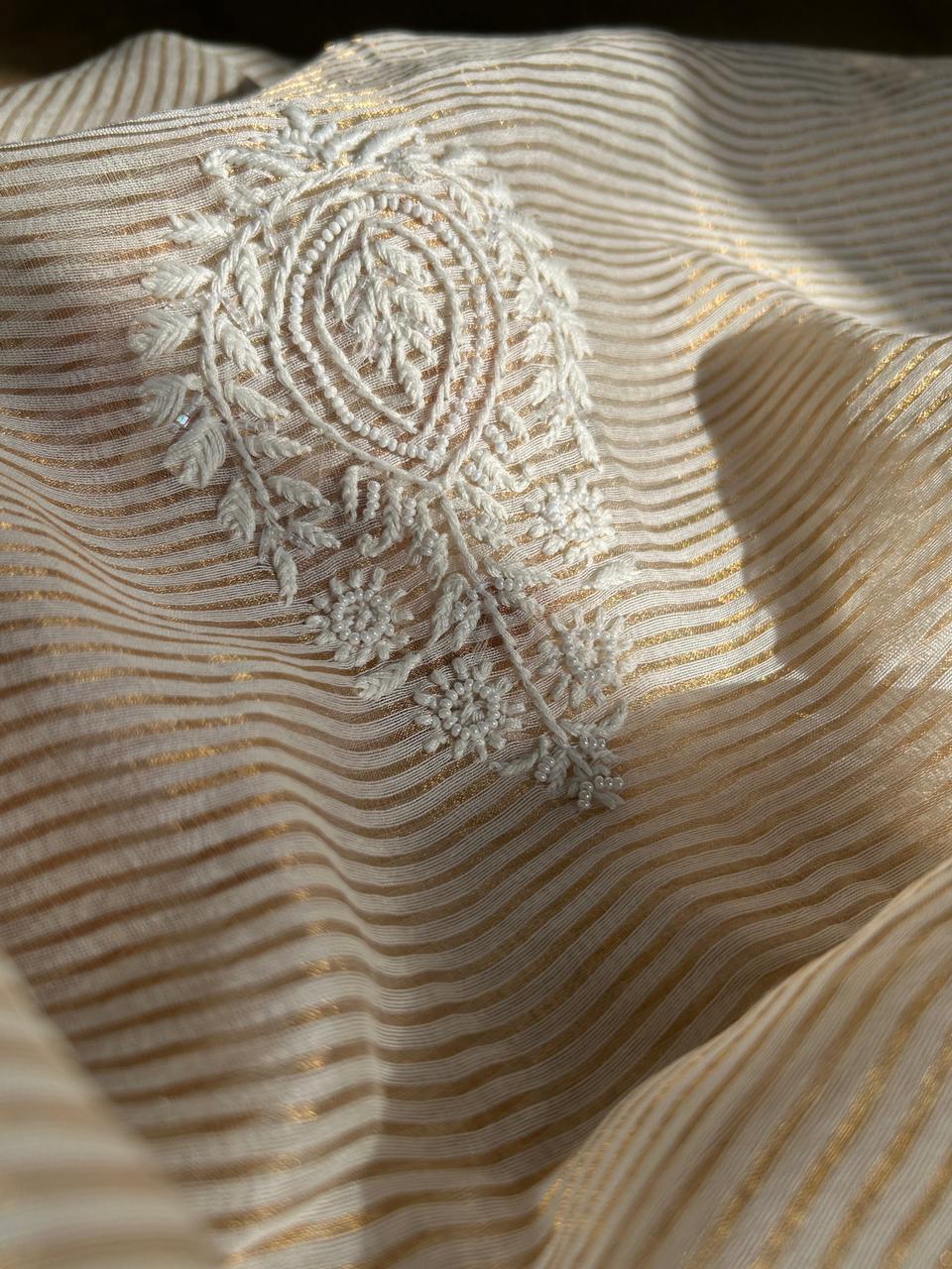 Beige Striped Tissue Chikankari Mens Kurta