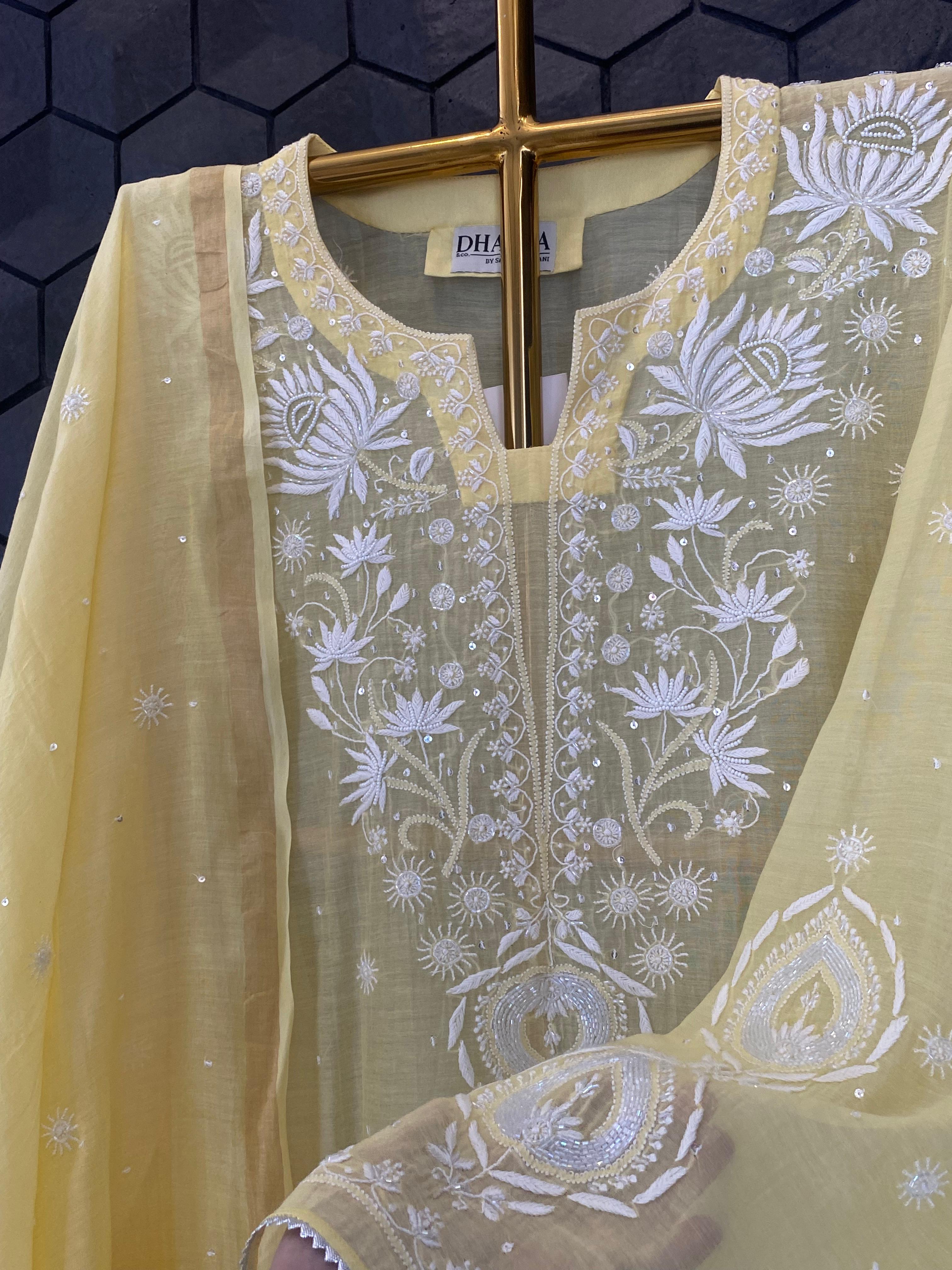 Yellow Mul Chanderi Chikankari Kurta Set