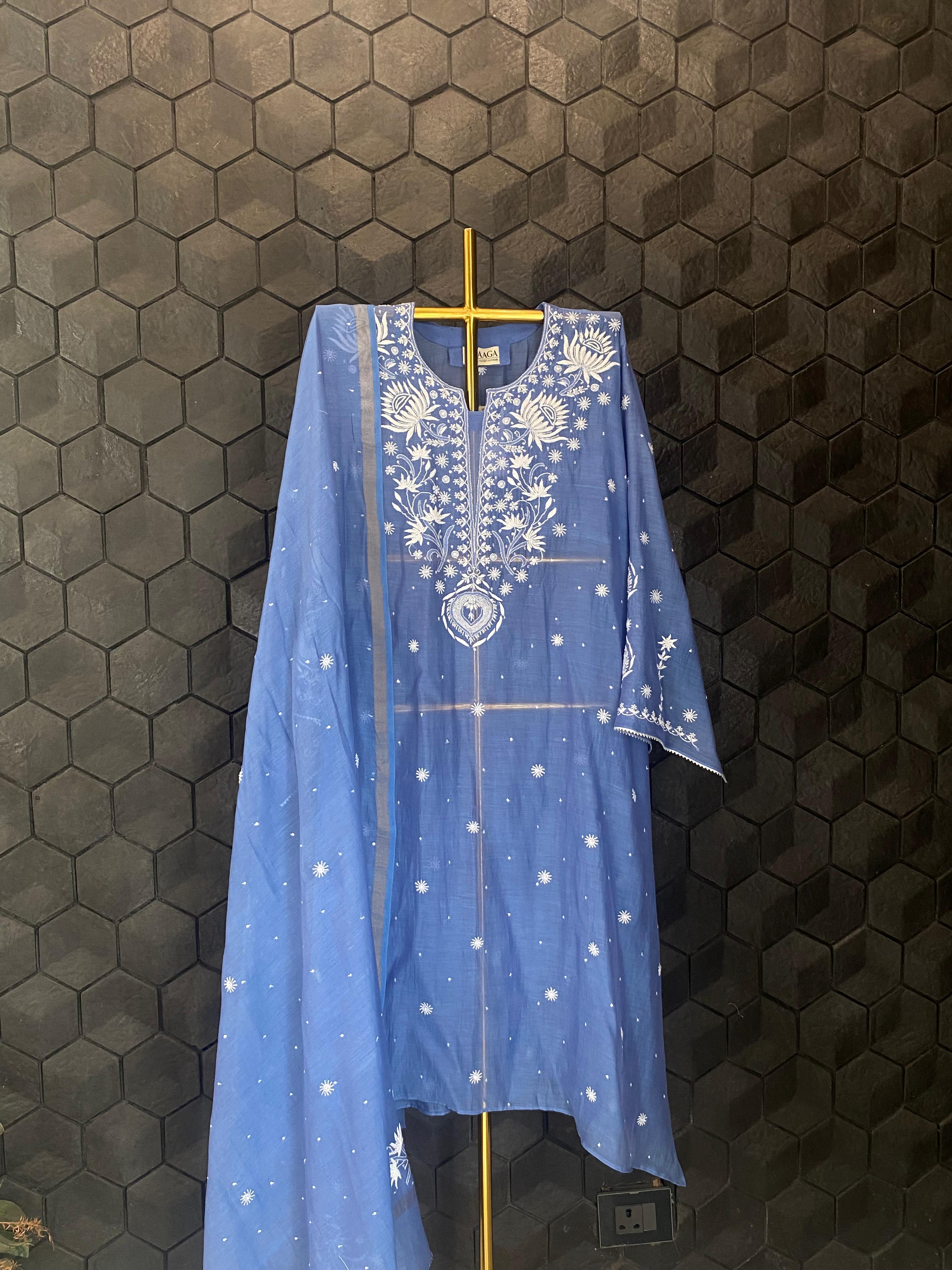Blue Mul Chanderi Chikankari Kurta Set