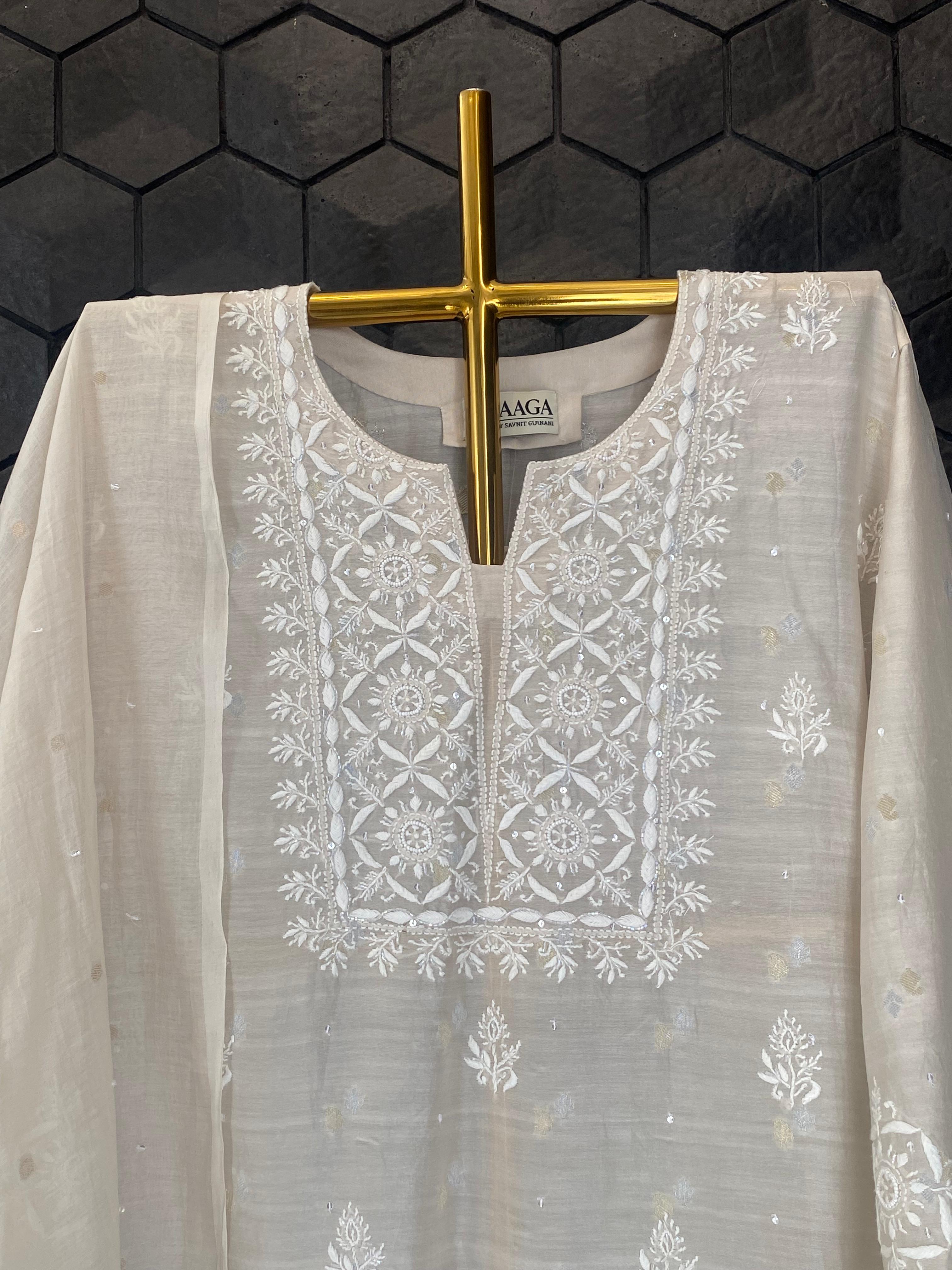 Beige Mul Chanderi Chikankari Kurta Set