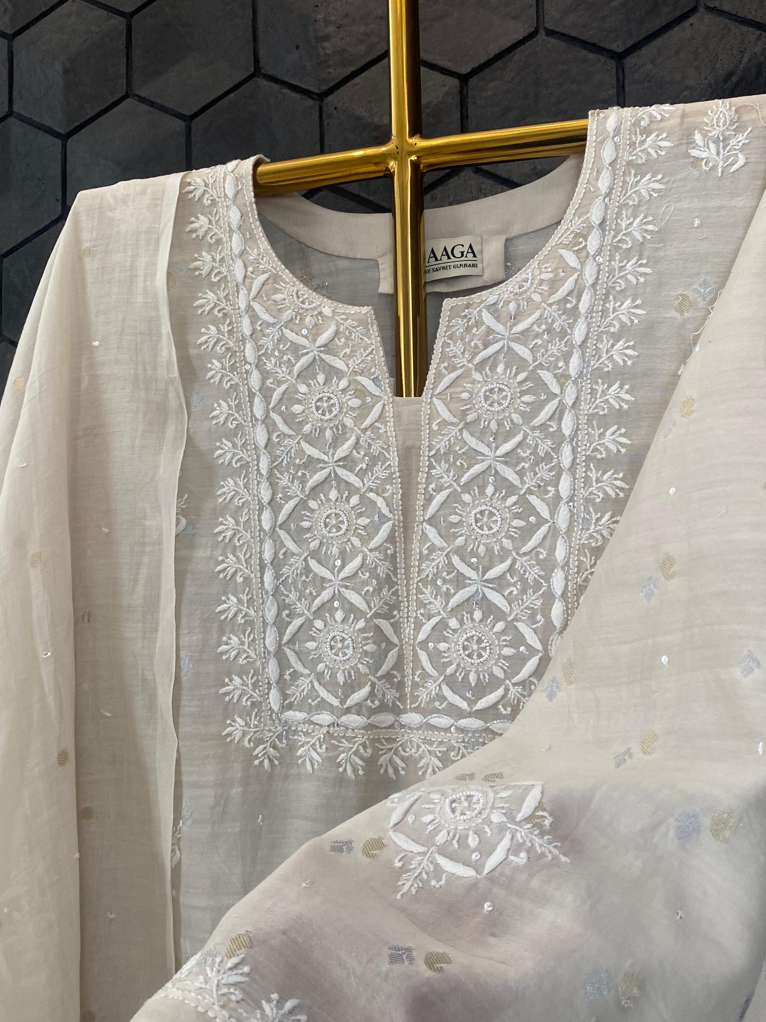 Beige Mul Chanderi Chikankari Kurta Set