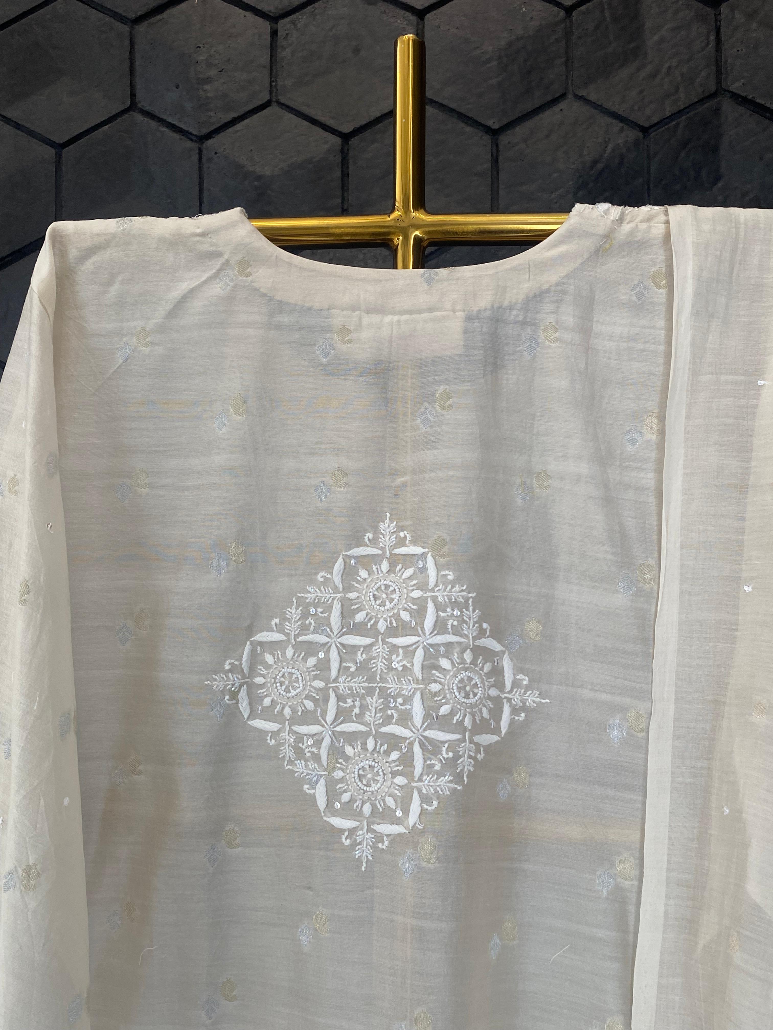 Beige Mul Chanderi Chikankari Kurta Set